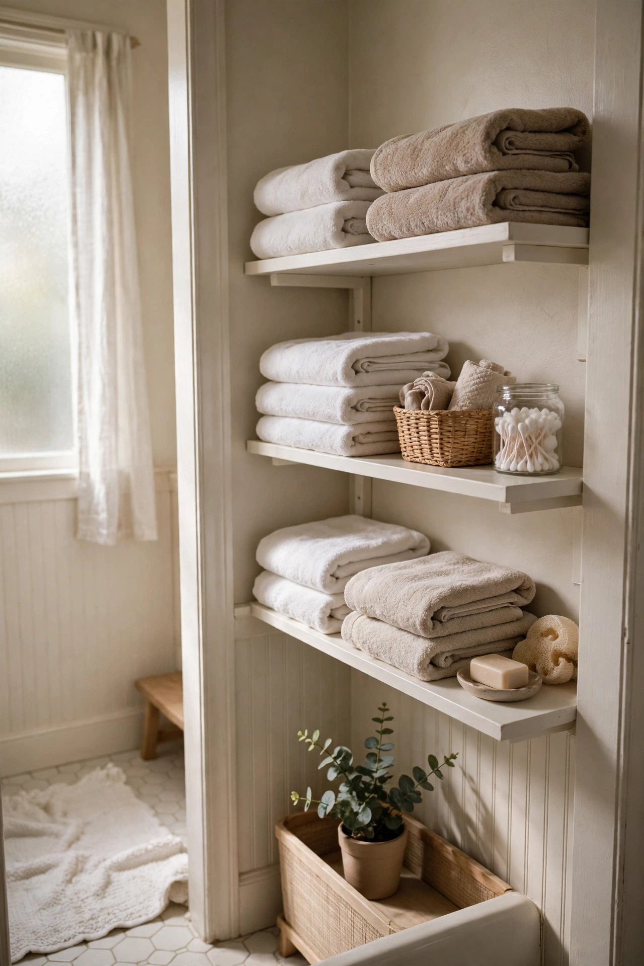 White Open Shelves With Folded Towels in a cozy budget bathroom with soft natural light
