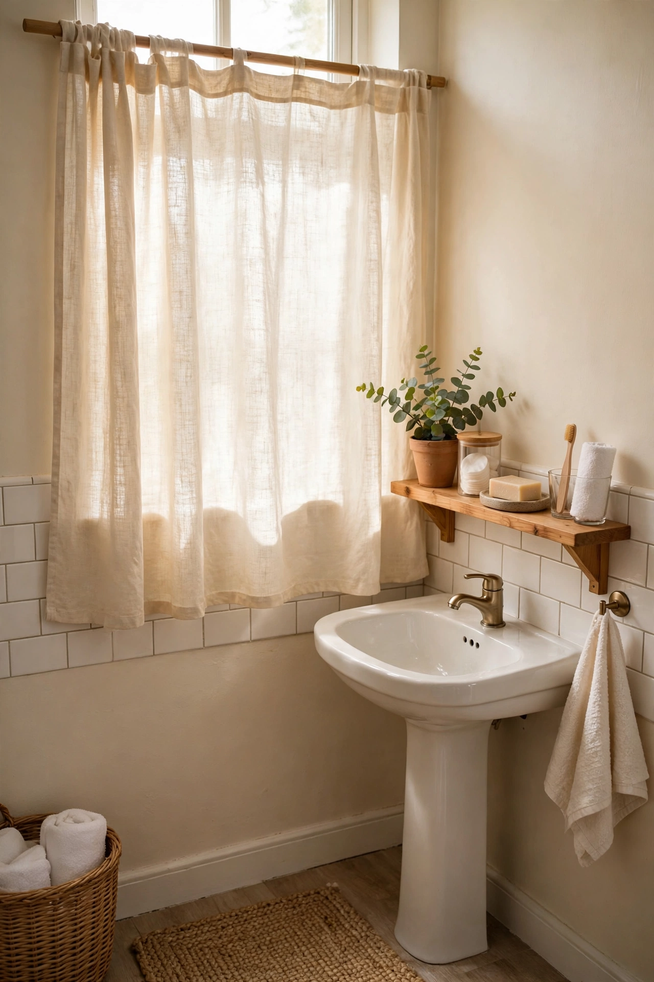 Cream Linen Window Curtain for Soft Light in a cozy budget bathroom with soft natural light