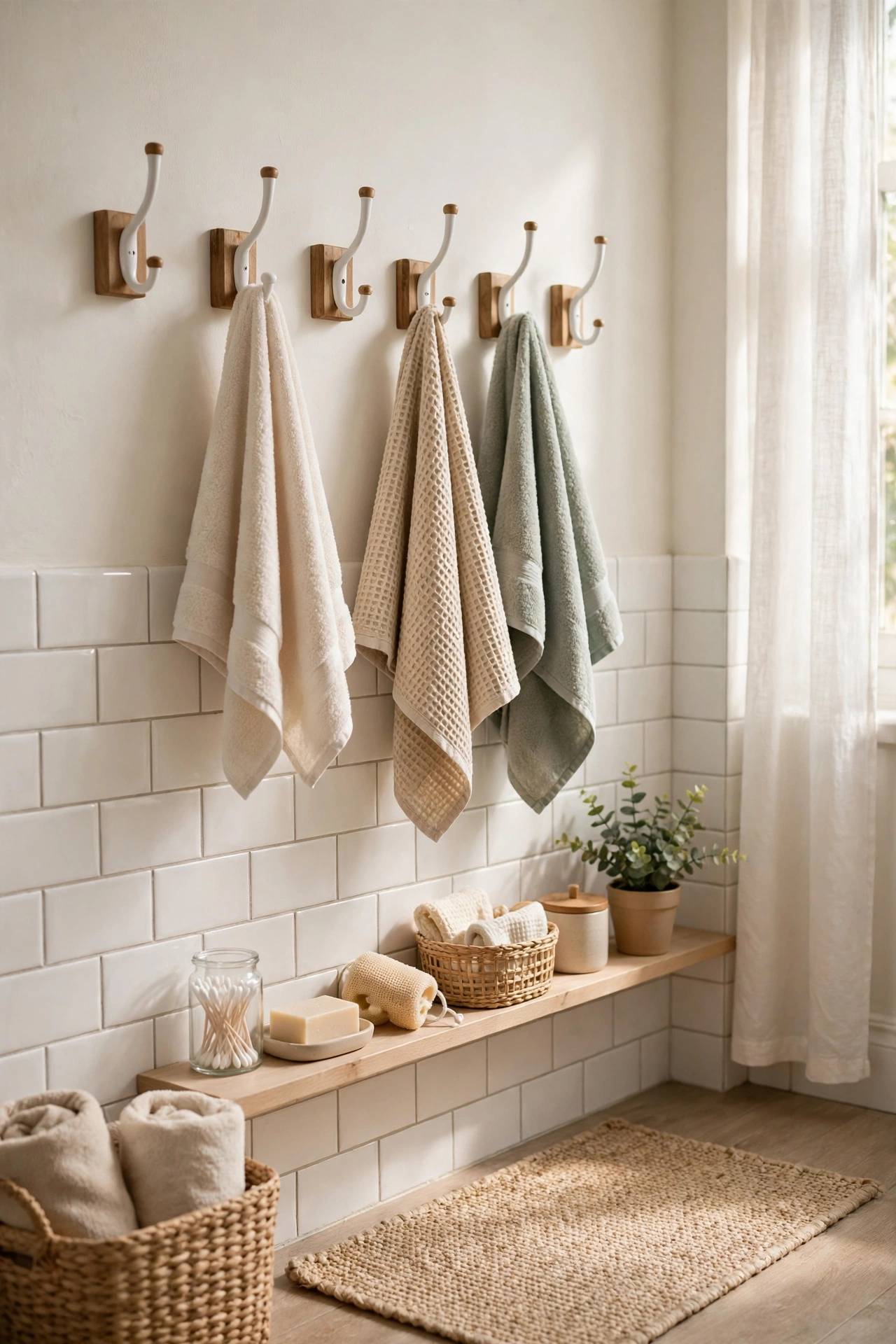 White and Wood Towel Hooks Row in a cozy budget bathroom with soft natural light
