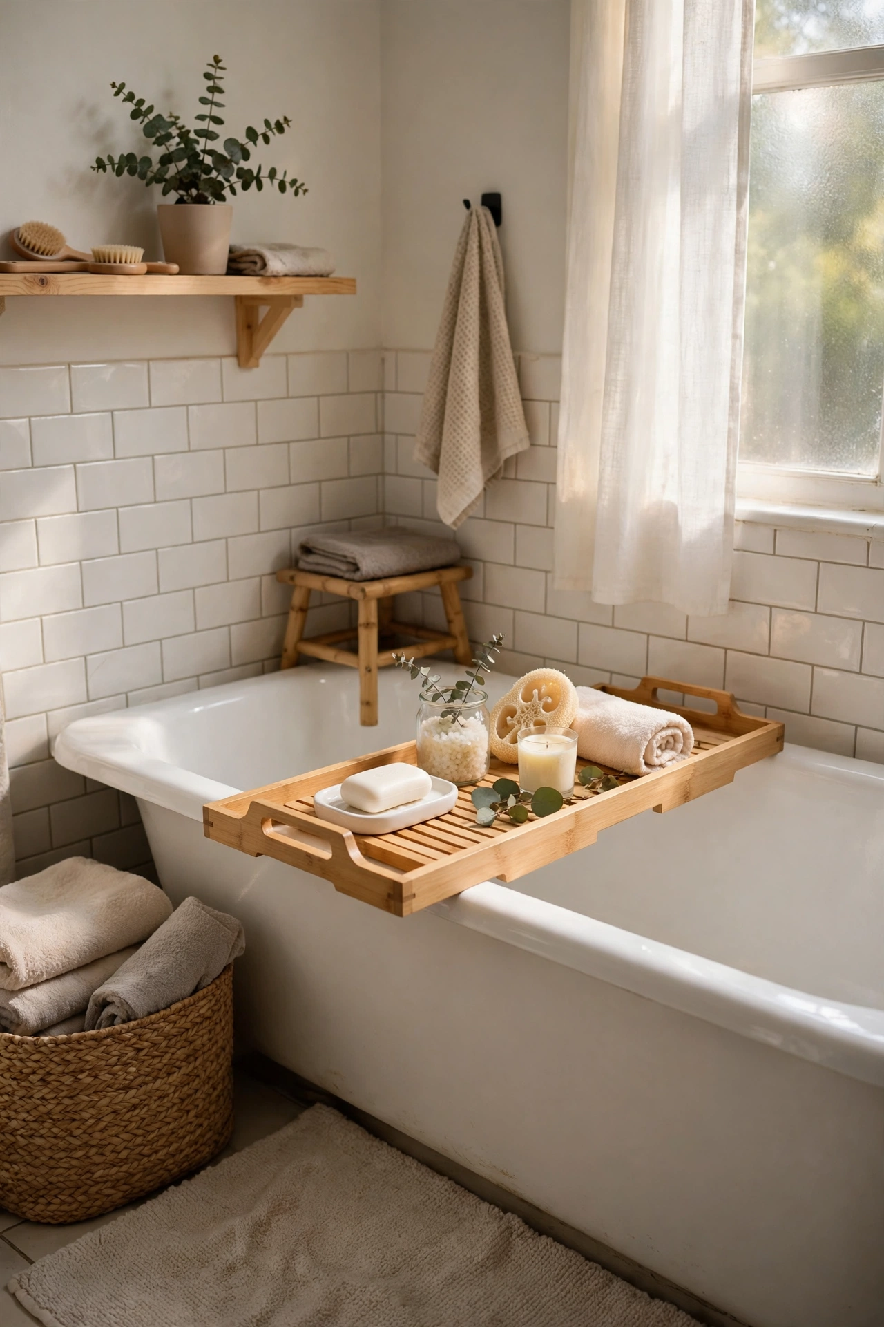 A White Bath Tray in Natural Bamboo in a cozy budget bathroom with soft natural light