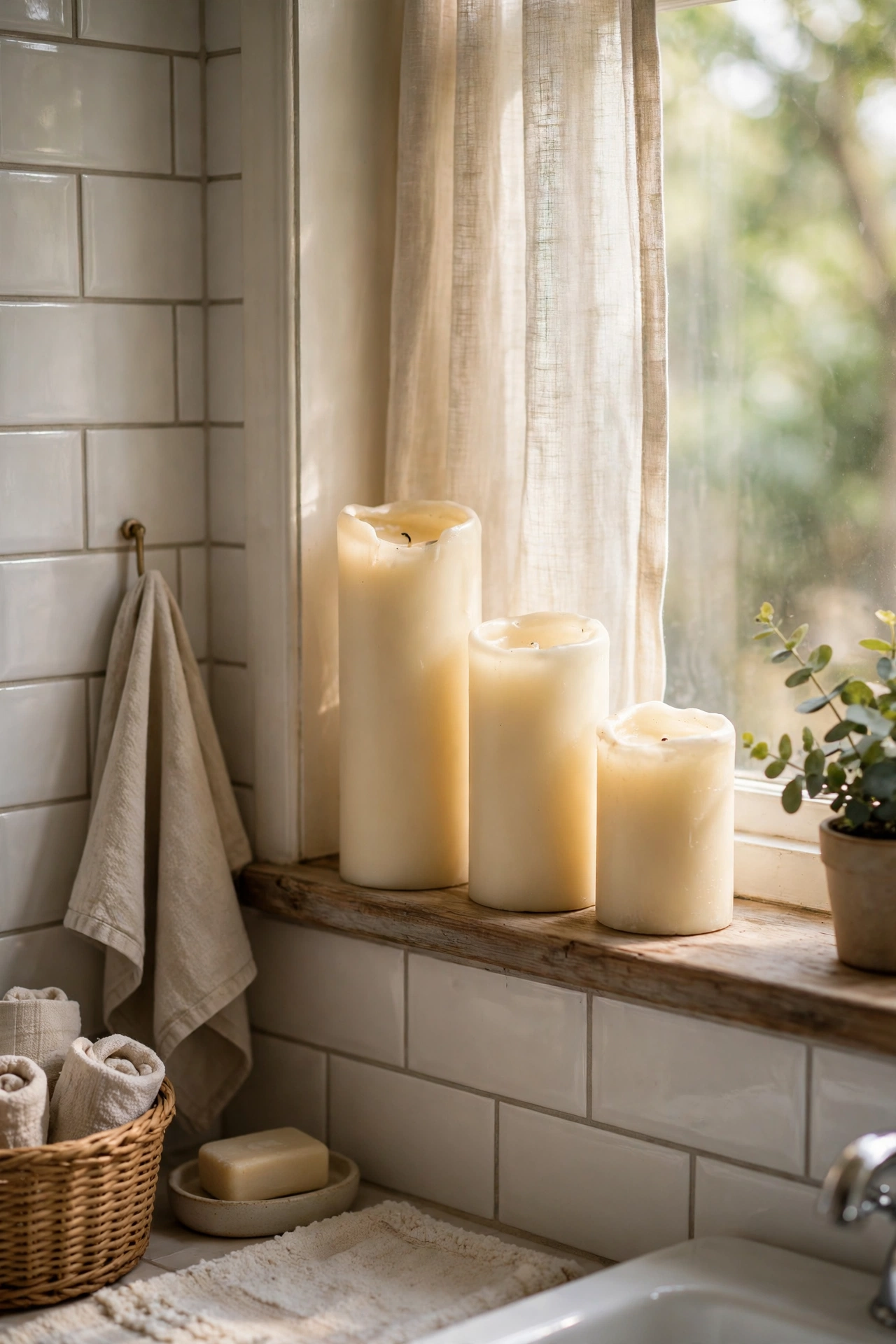 Cream Candle Trio on the Windowsill in a cozy budget bathroom with soft natural light