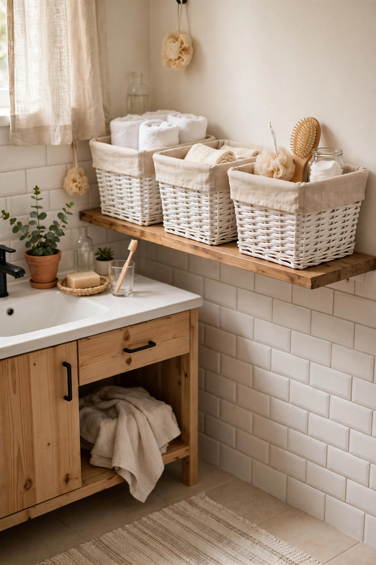 White Storage Baskets With Linen Liners in a cozy budget bathroom with soft natural light