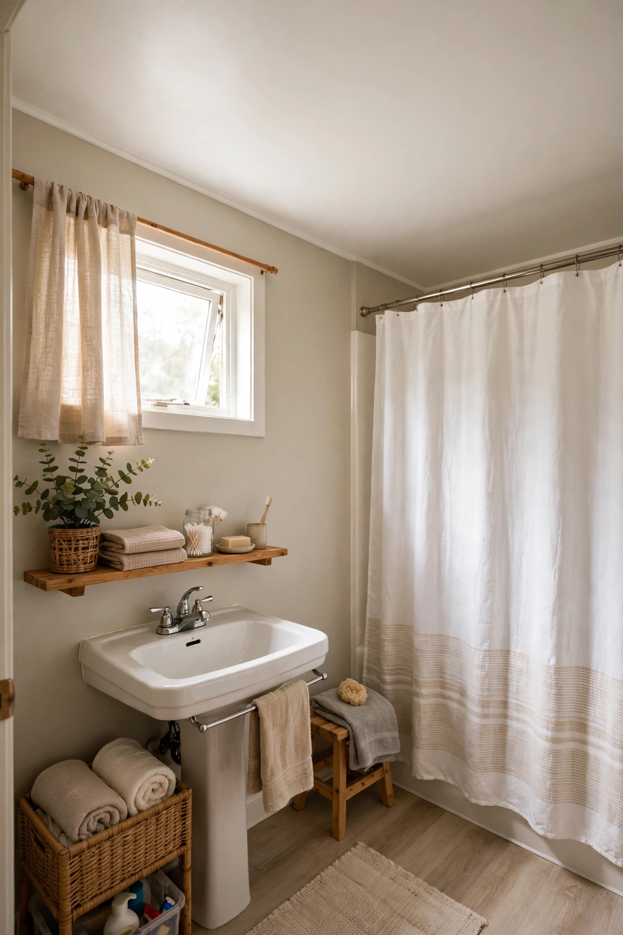 Warm White Ceiling Paint for Extra Glow in a cozy budget bathroom with soft natural light