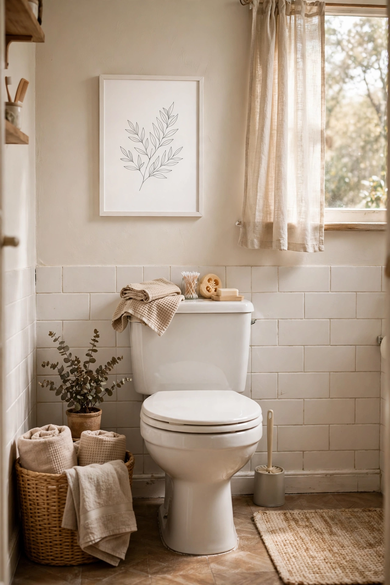 A White Gallery Print Above the Toilet in a cozy budget bathroom with soft natural light