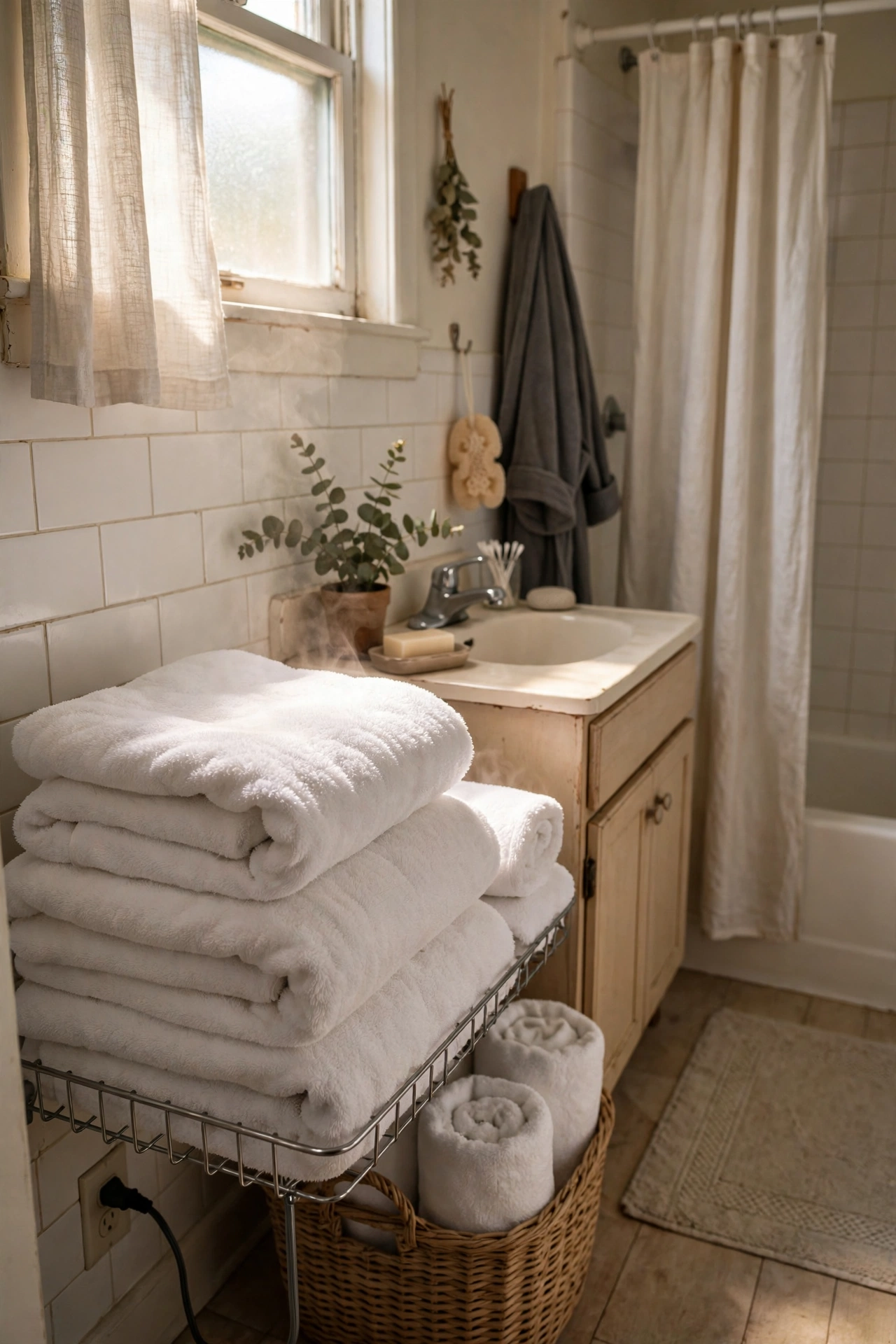 Thick Hotel Towels Warmed Before Bath Time in a cozy budget bathroom with soft natural light