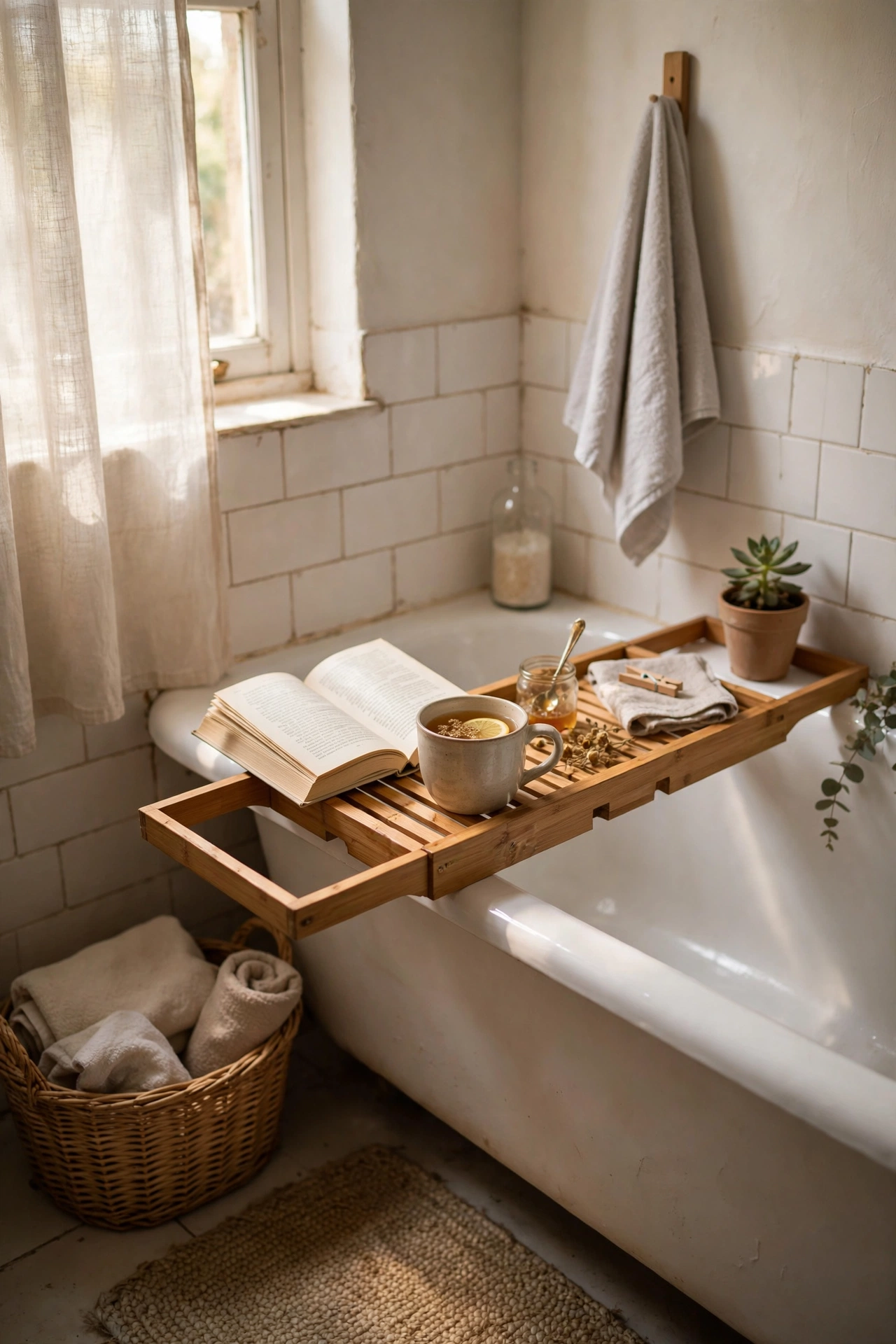 A Wooden Bath Caddy for Books and Tea in a cozy budget bathroom with soft natural light