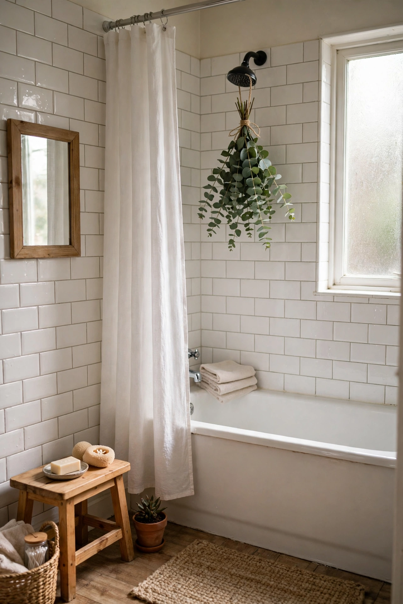 Eucalyptus Bundle Tied to the Showerhead in a cozy budget bathroom with soft natural light