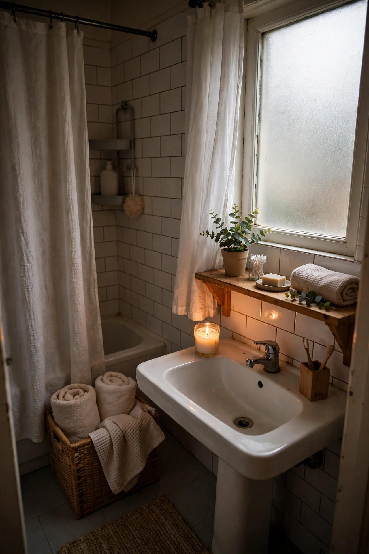 Dim Warm Lighting With a Candle Glow in a cozy budget bathroom with soft natural light