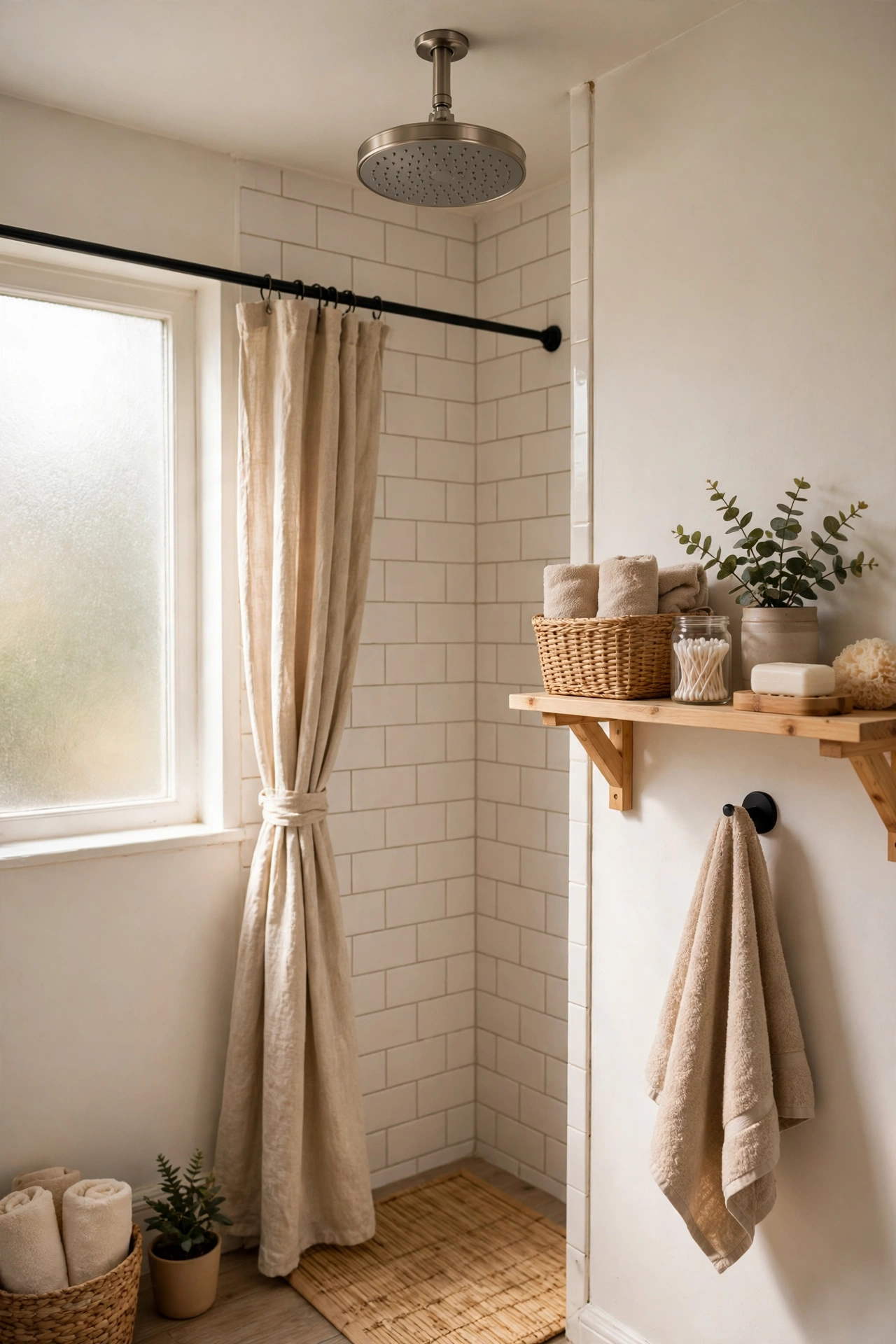 A Rainfall Showerhead for Gentle Pressure in a cozy budget bathroom with soft natural light
