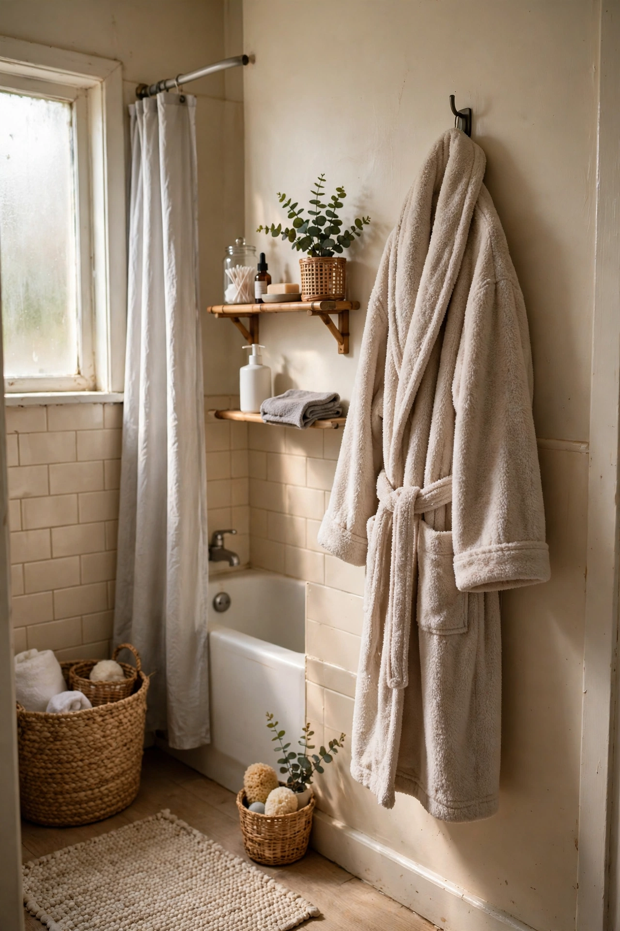 Plush Bathrobe Hung at Shoulder Height in a cozy budget bathroom with soft natural light