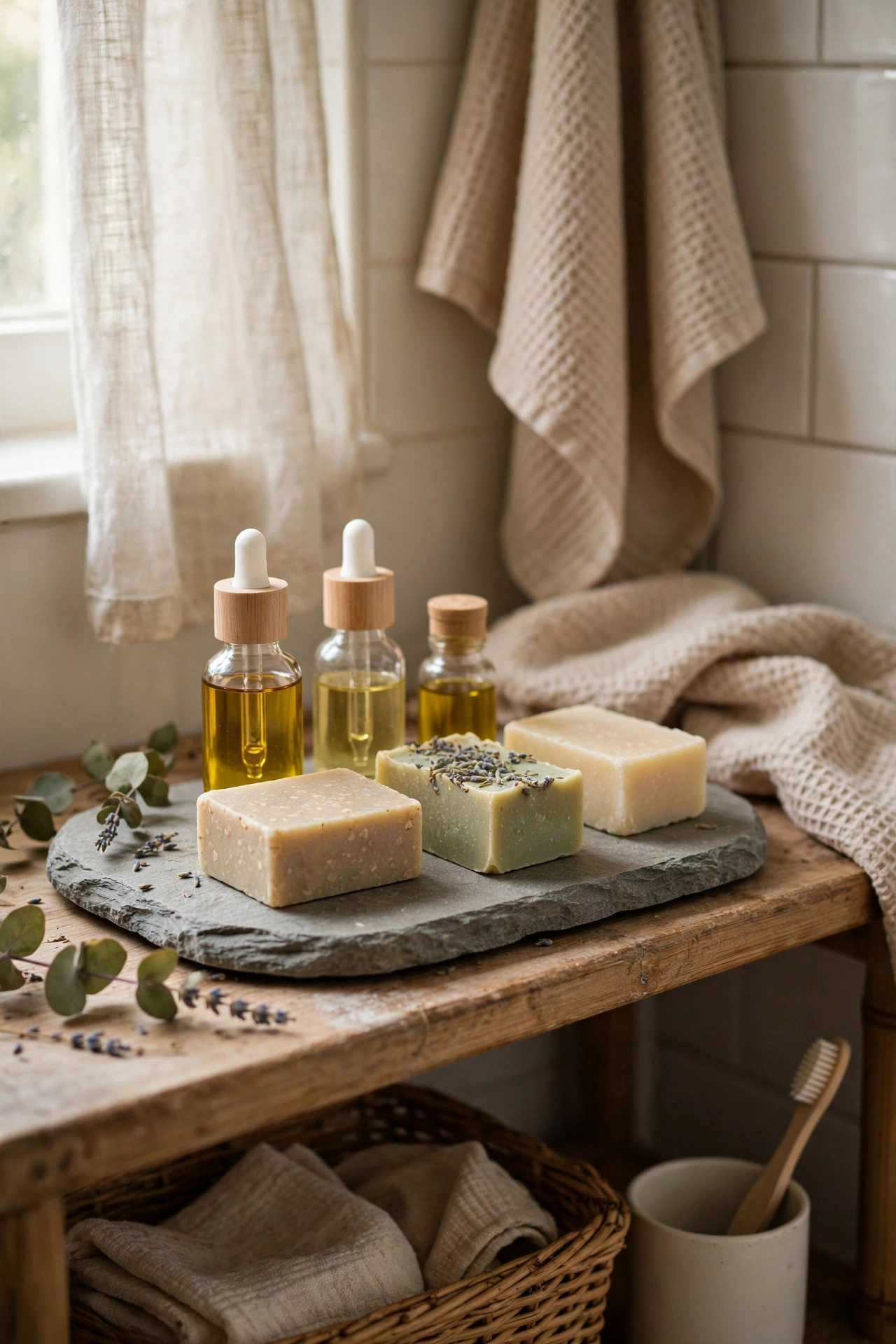 A Stone Tray for Soaps and Oils in a cozy budget bathroom with soft natural light