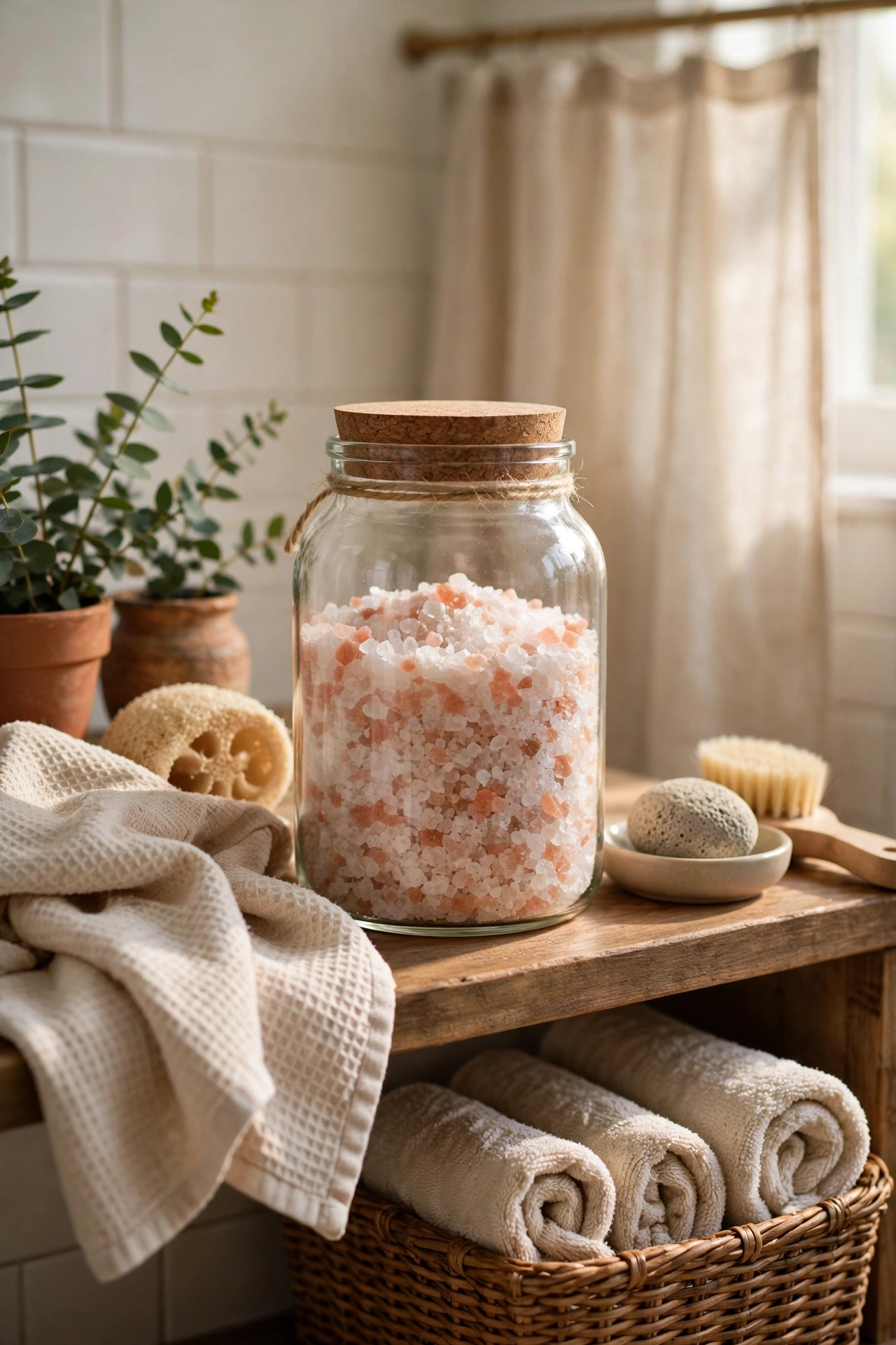 Soaking Salts in a Labelled Glass Jar in a cozy budget bathroom with soft natural light