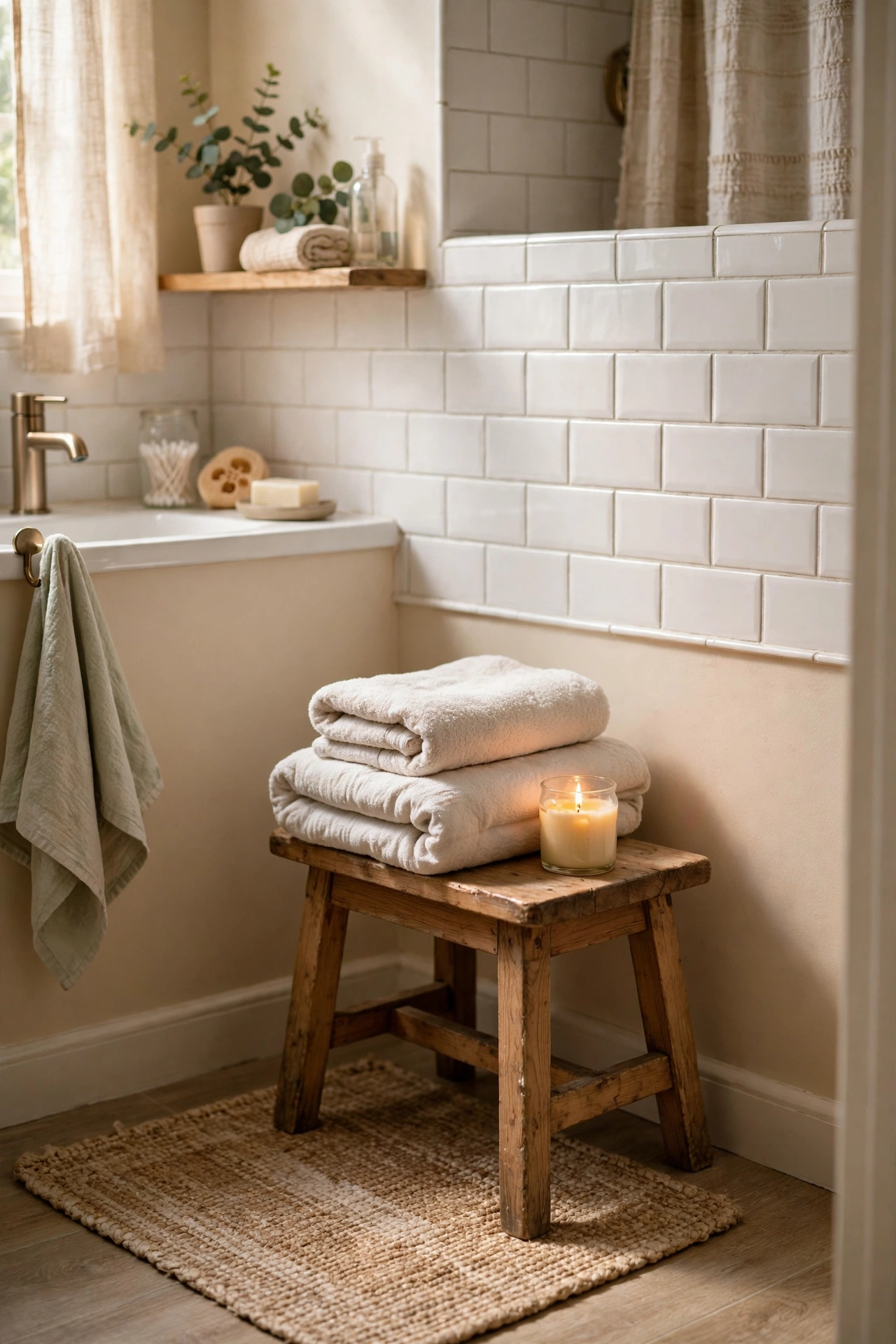 A Small Stool for Towels and a Candle in a cozy budget bathroom with soft natural light