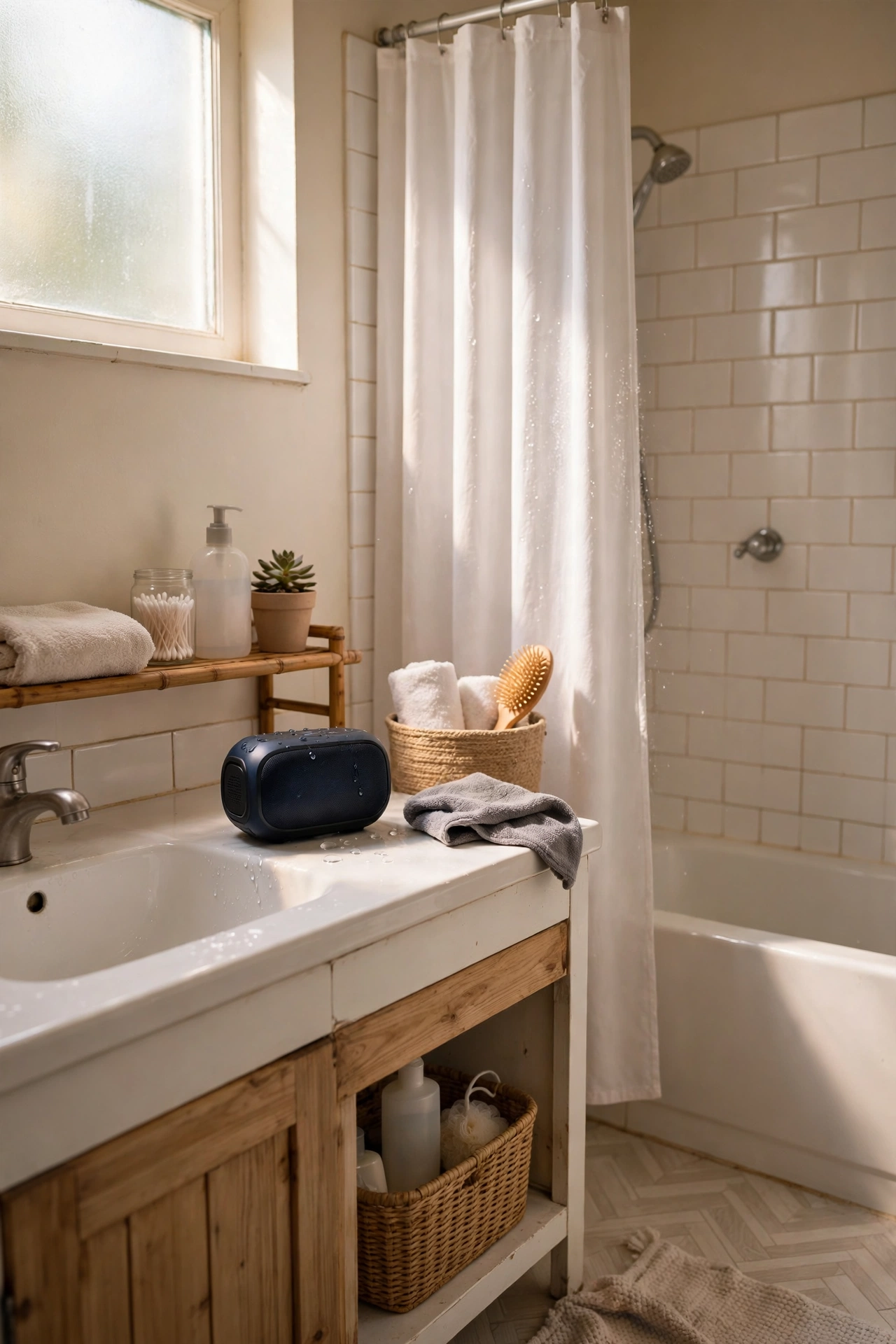 Soft Music From a Waterproof Speaker in a cozy budget bathroom with soft natural light