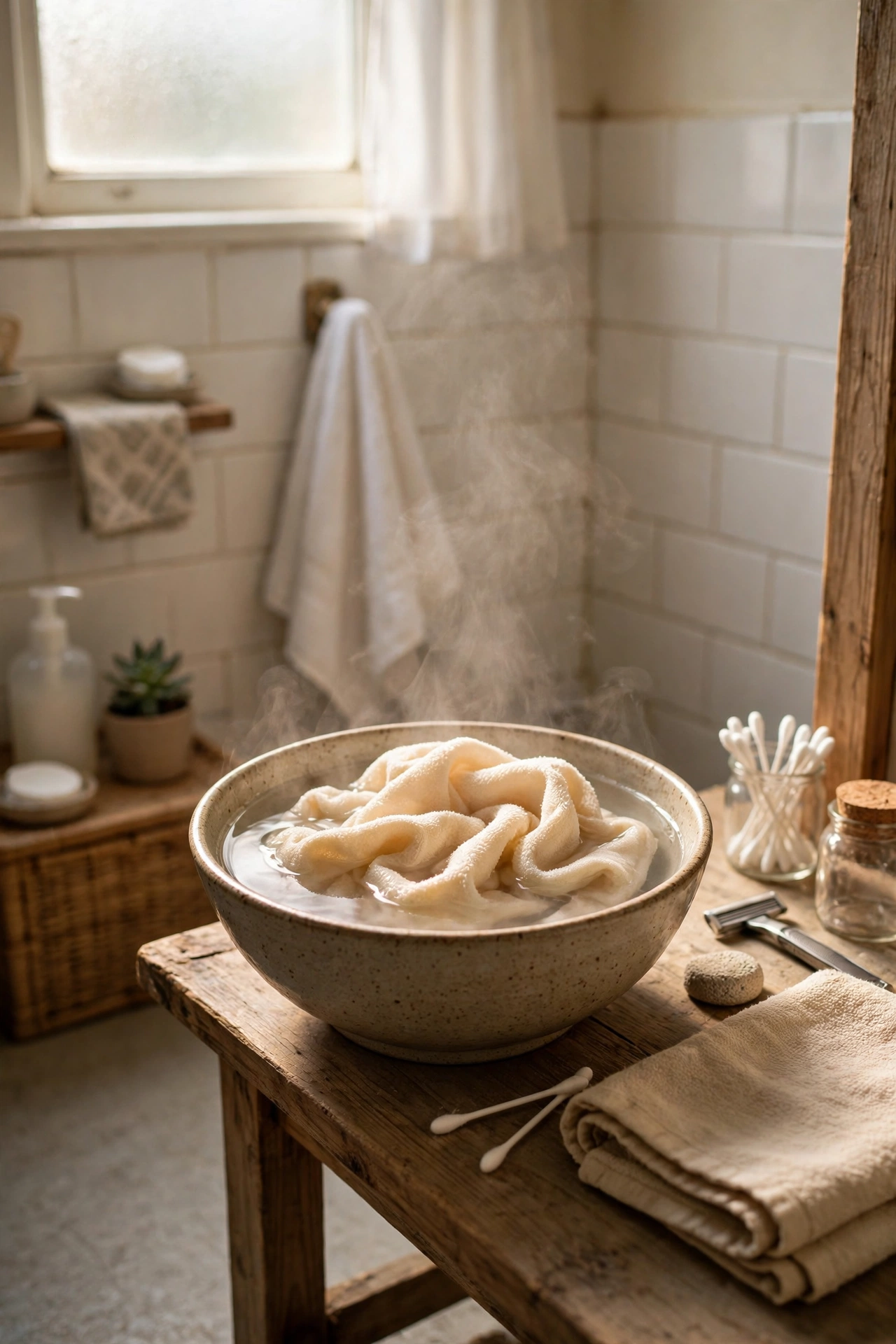 A Face Cloth Warmed in Hot Water in a cozy budget bathroom with soft natural light