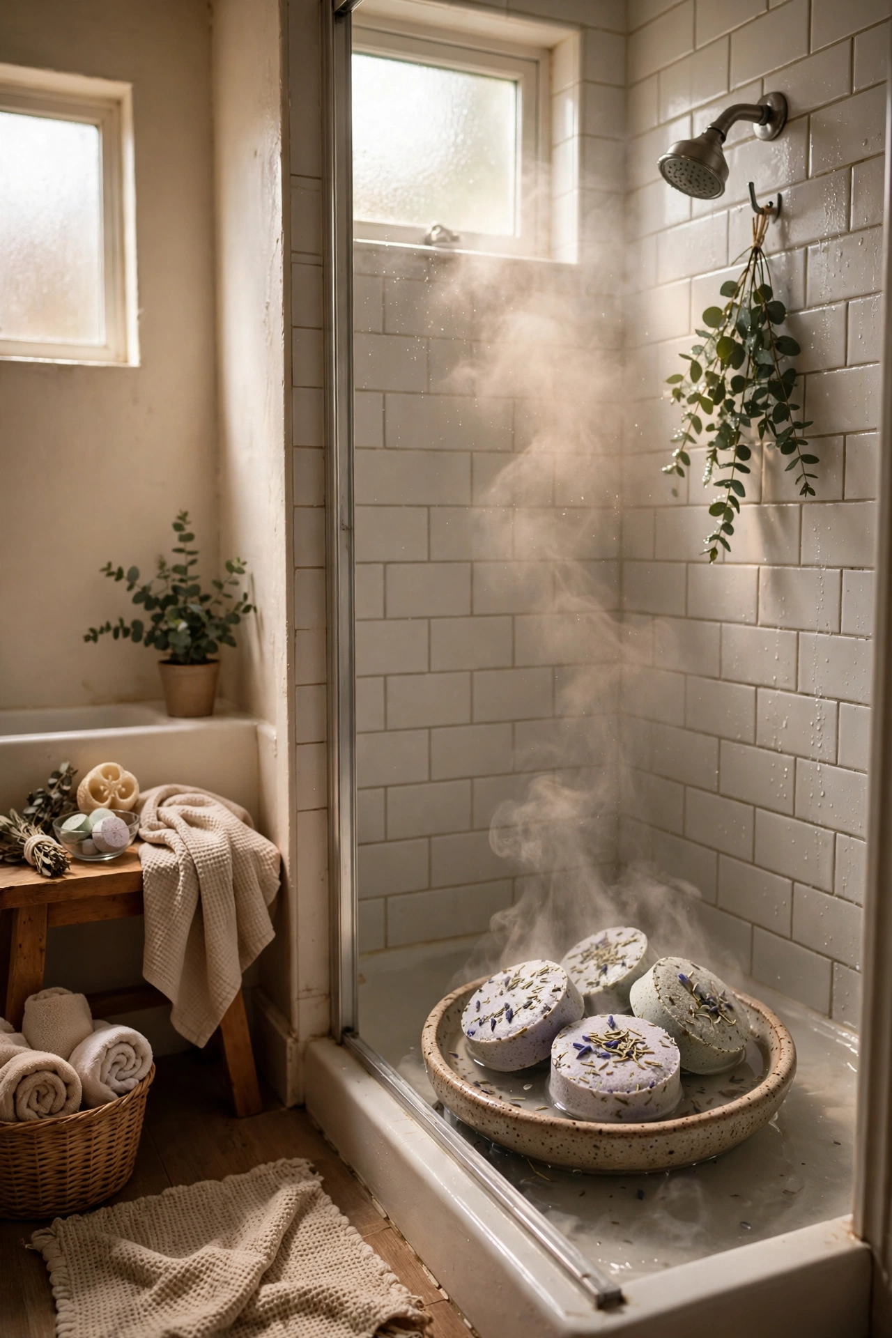 Aromatherapy Steam Tablets in the Shower in a cozy budget bathroom with soft natural light