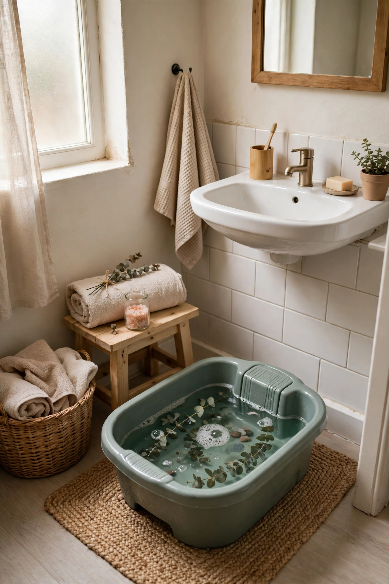A Foot Soak Basin for Slow Evenings in a cozy budget bathroom with soft natural light