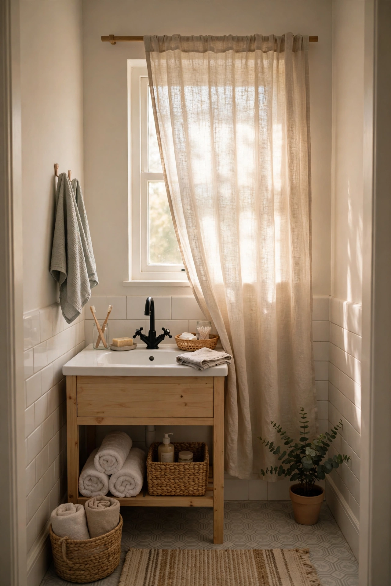 Linen Curtain for Soft Filtered Morning Light in a cozy budget bathroom with soft natural light
