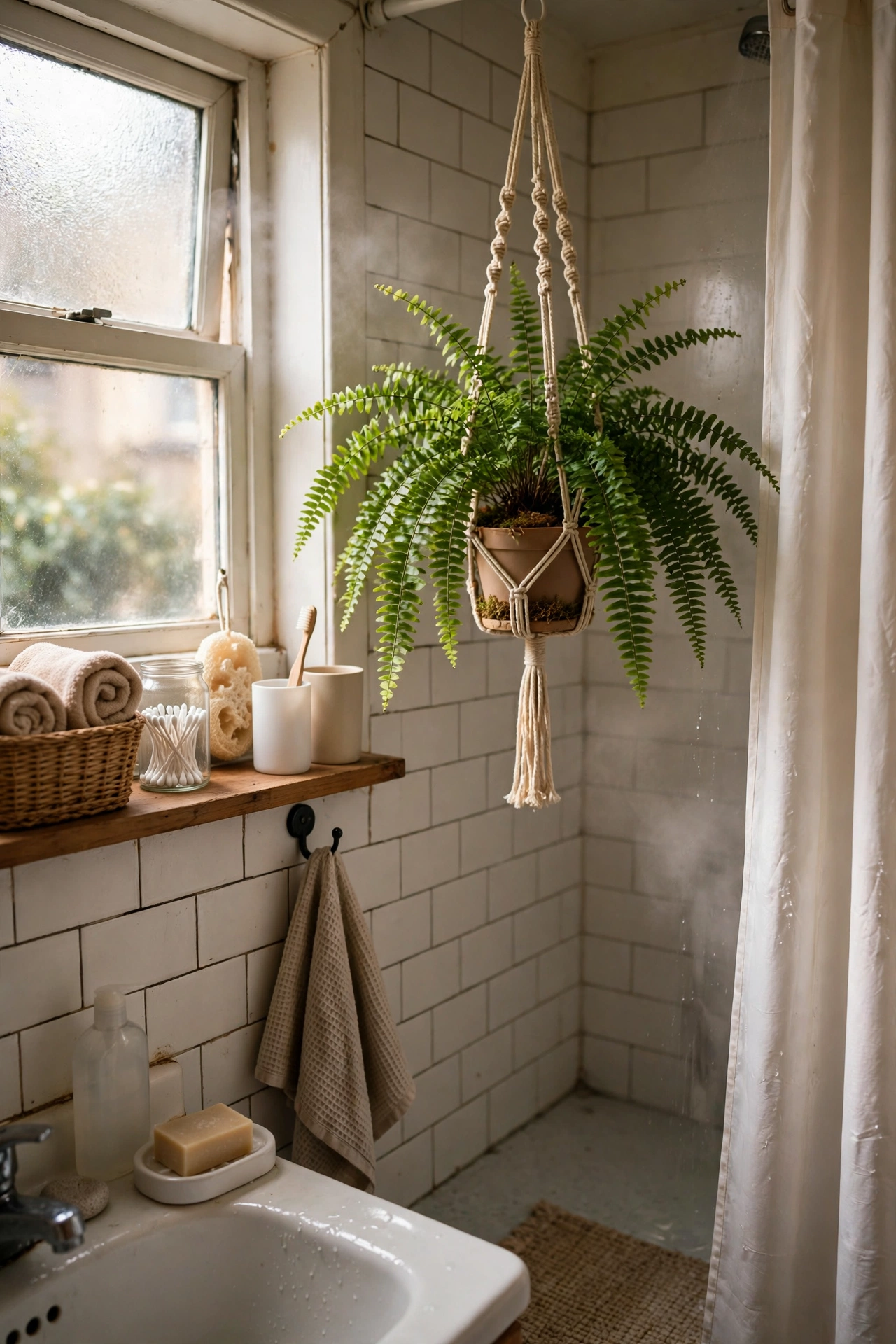 A Plant That Loves Steam and Low Light in a cozy budget bathroom with soft natural light