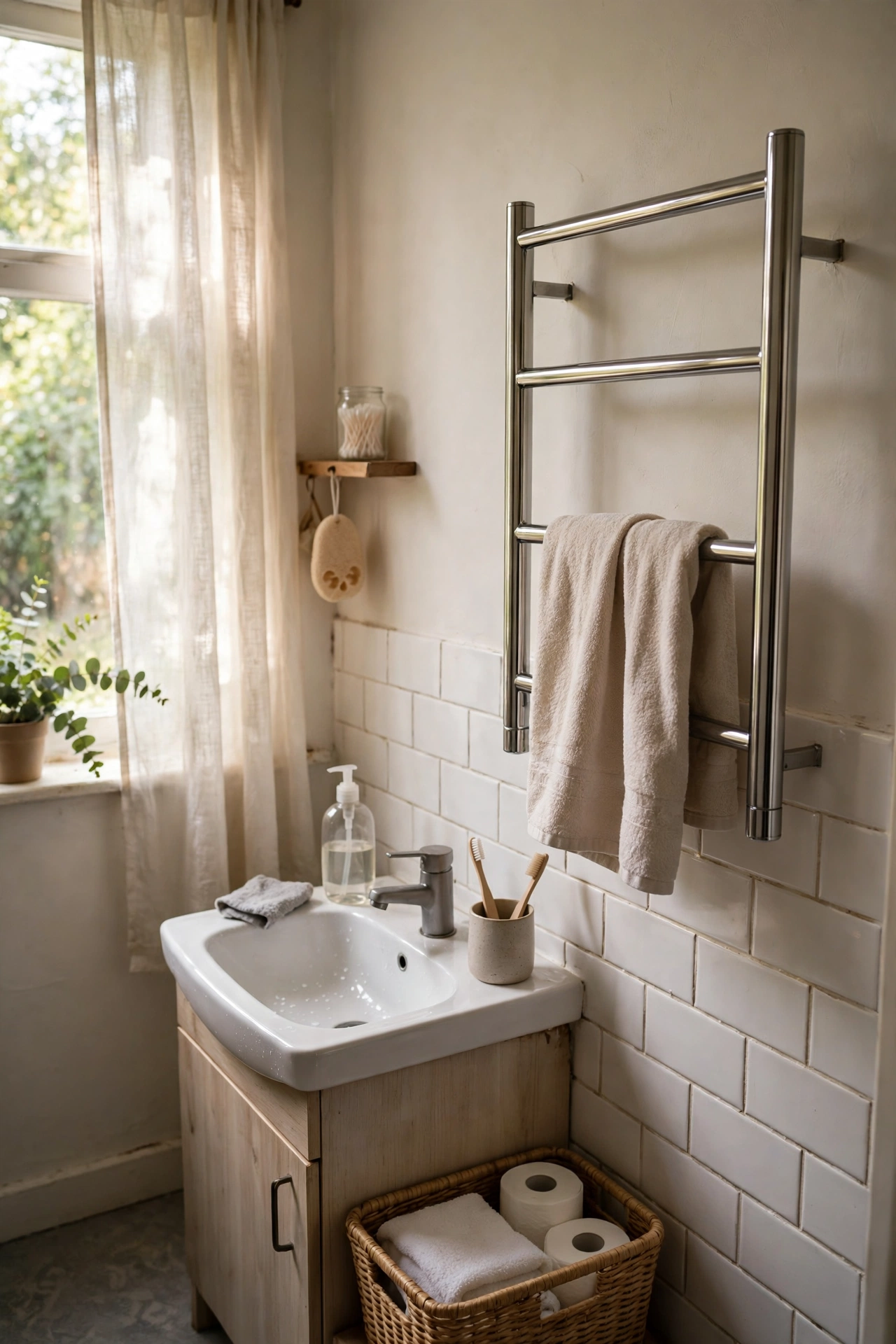 A Hand Towel Warmer Rail by the Sink in a cozy budget bathroom with soft natural light