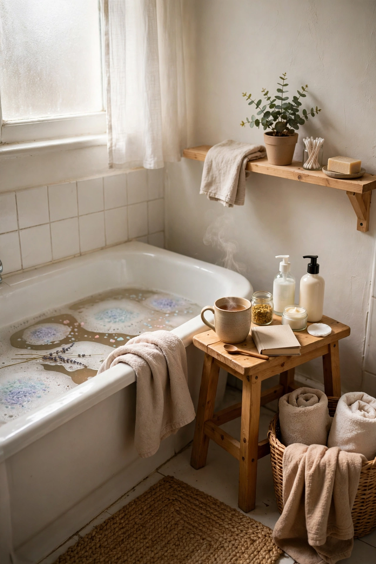 A Slow Ritual: Tea, Soak, Moisturise, Rest in a cozy budget bathroom with soft natural light