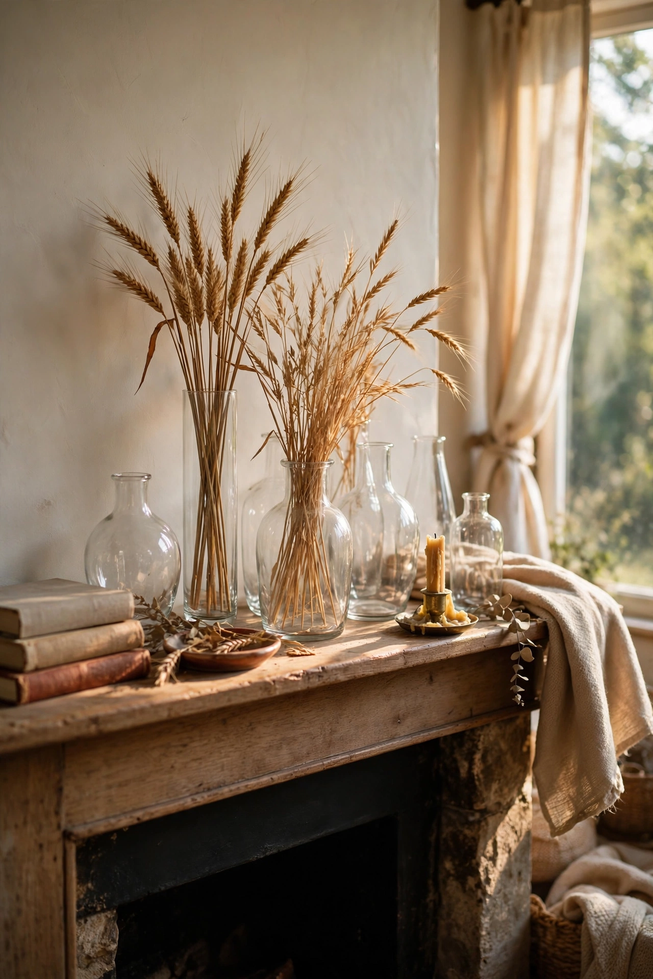 Cluster of clear glass vases at varied heights styled on a living room mantel