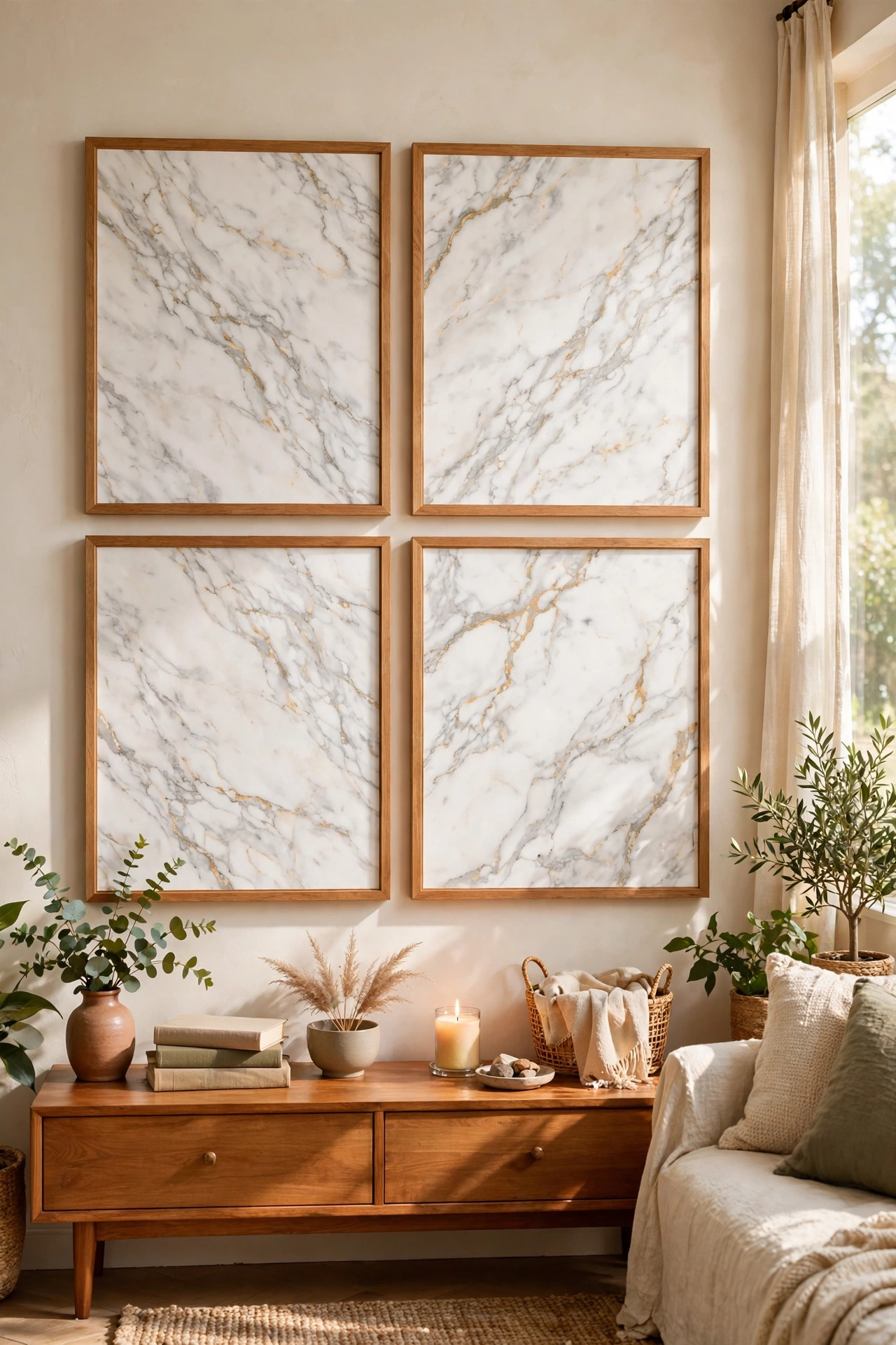 Framed marble-pattern peel-and-stick wallpaper art in a grid over a console table