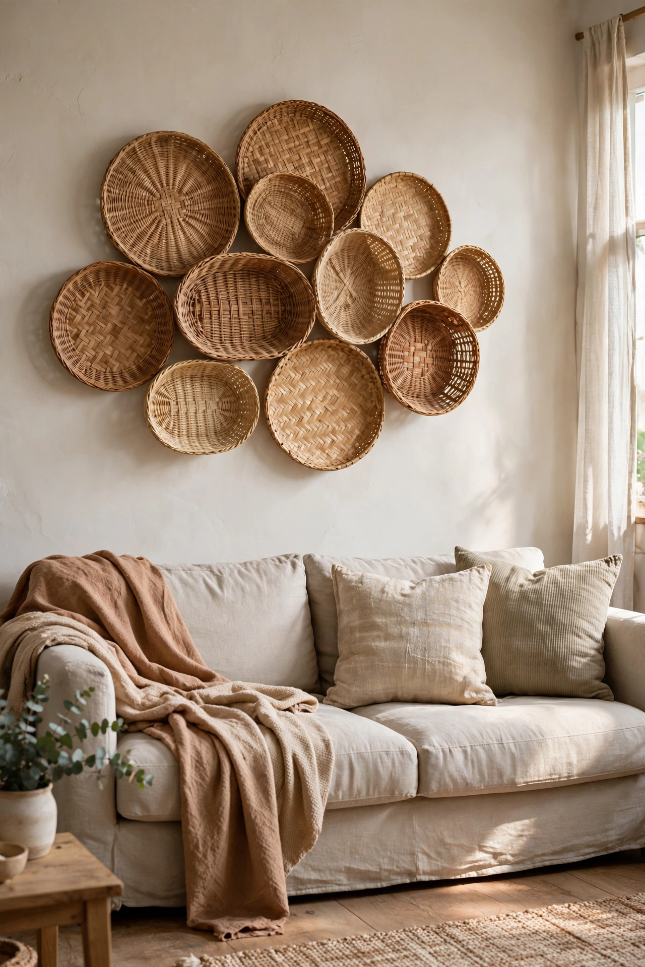 Woven basket wall display in mixed sizes hanging above a living room sofa