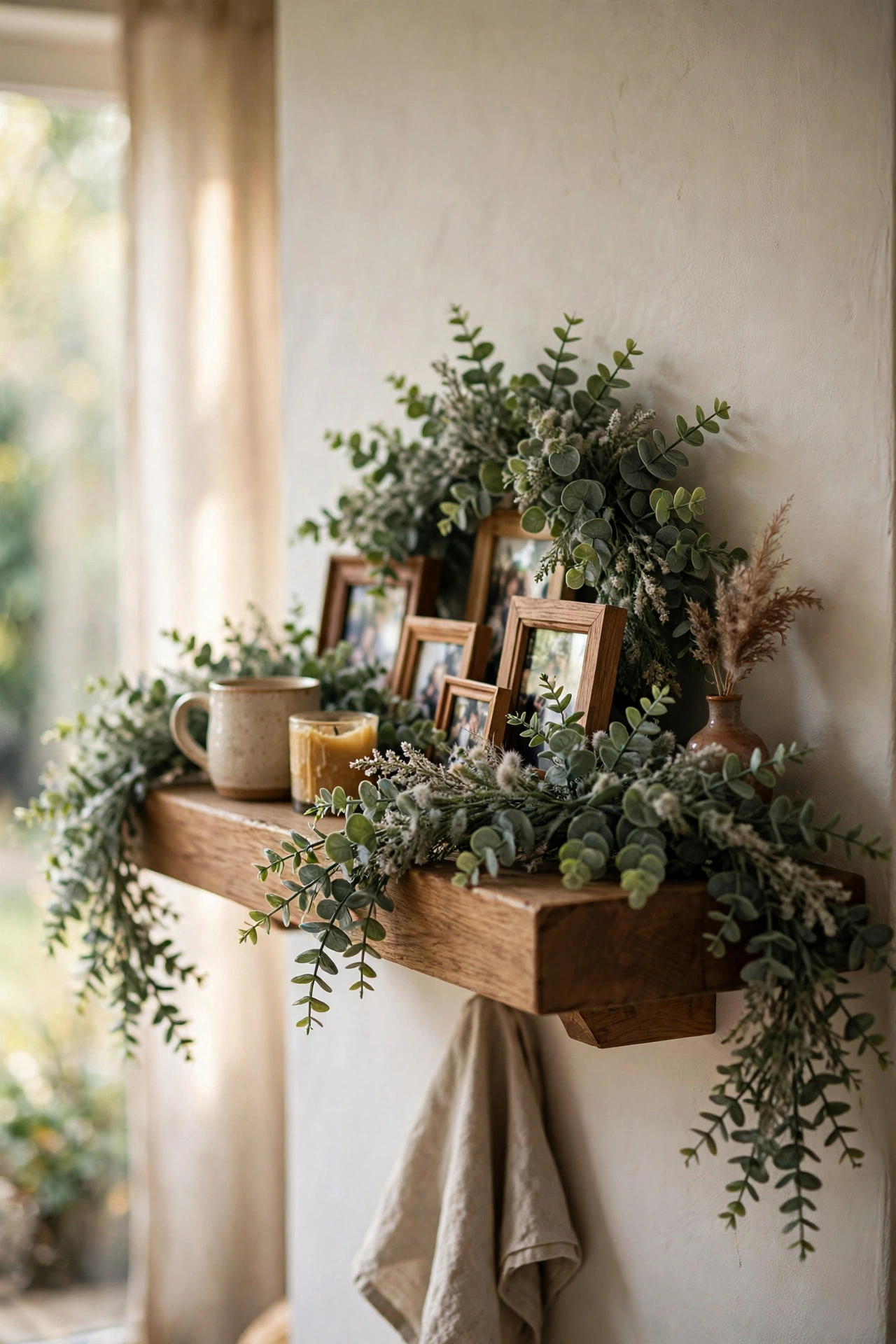 Fluffed faux eucalyptus garland draped across a living room floating shelf