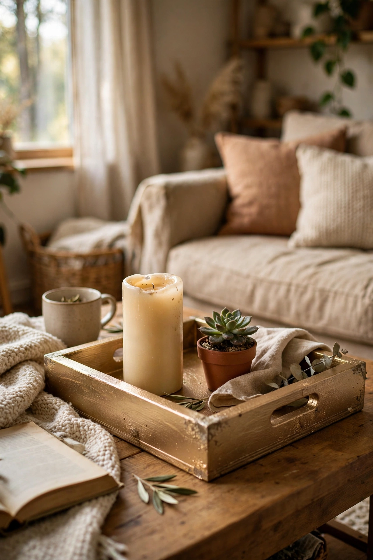 Champagne gold spray-painted tray styled with a candle on a coffee table