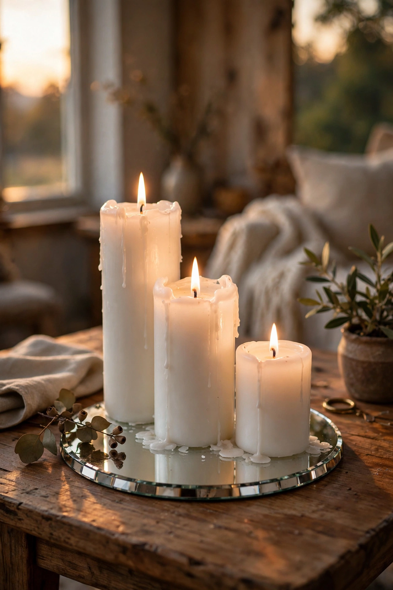 Three white pillar candles at varied heights on a small round mirror