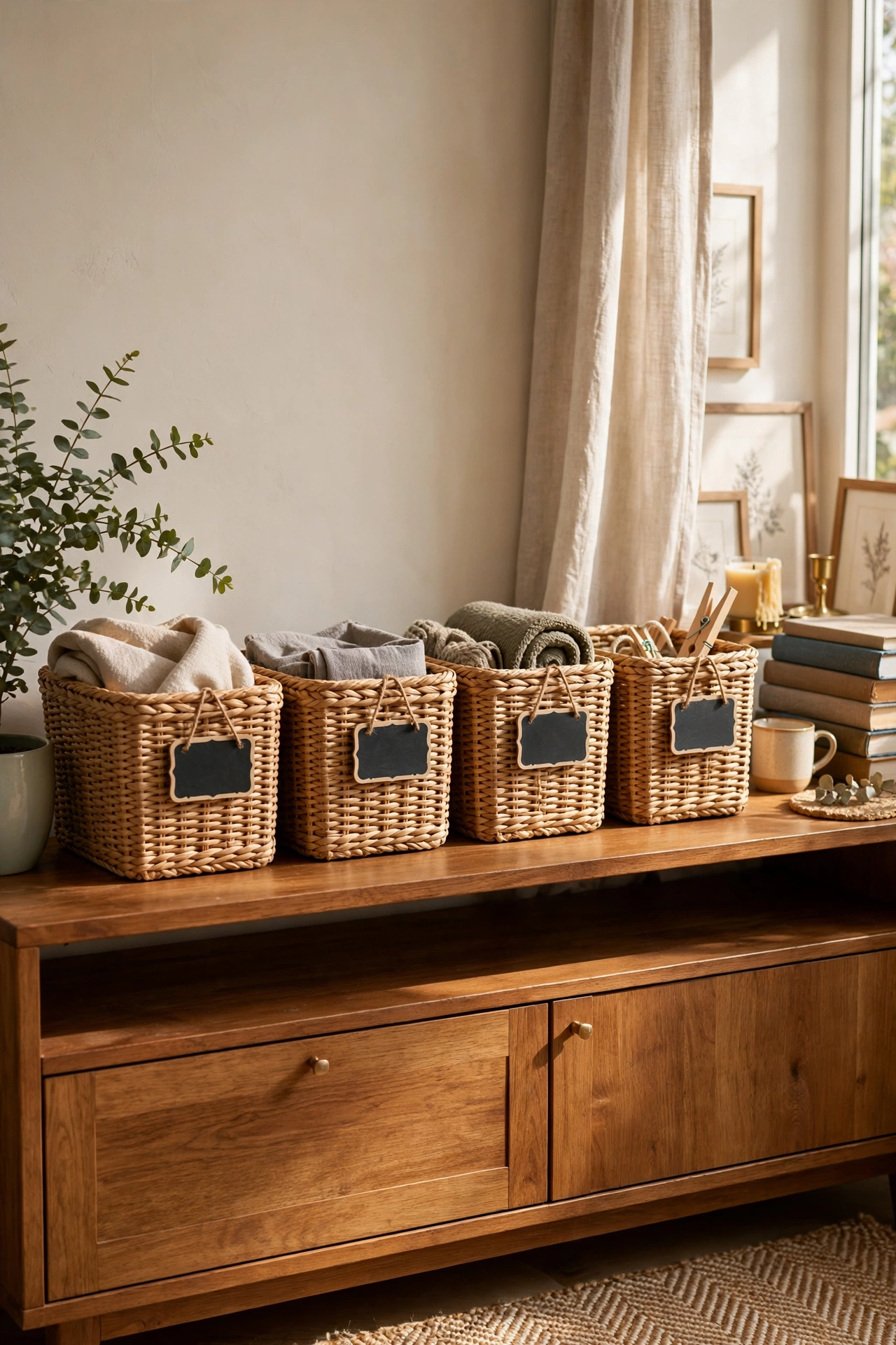 Matching labeled storage baskets lined up on a living room media console