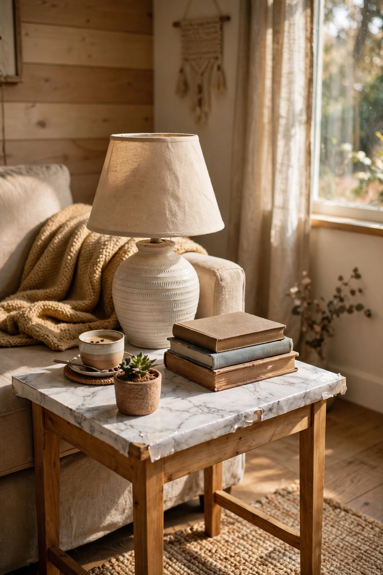 Side table top covered in faux marble contact paper styled with a lamp