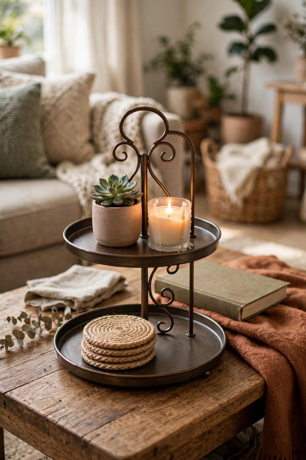 Two-tiered tray styled with a plant and candle on a living room coffee table