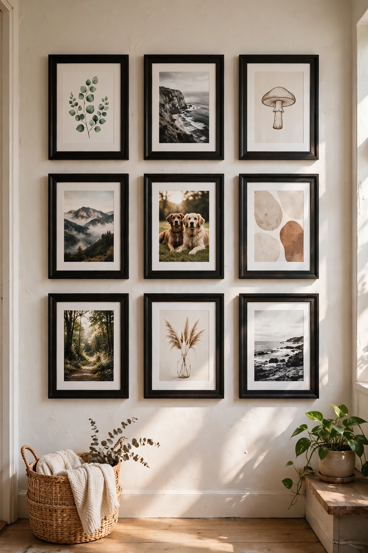 Gallery wall of matching black dollar store frames with art prints in a grid