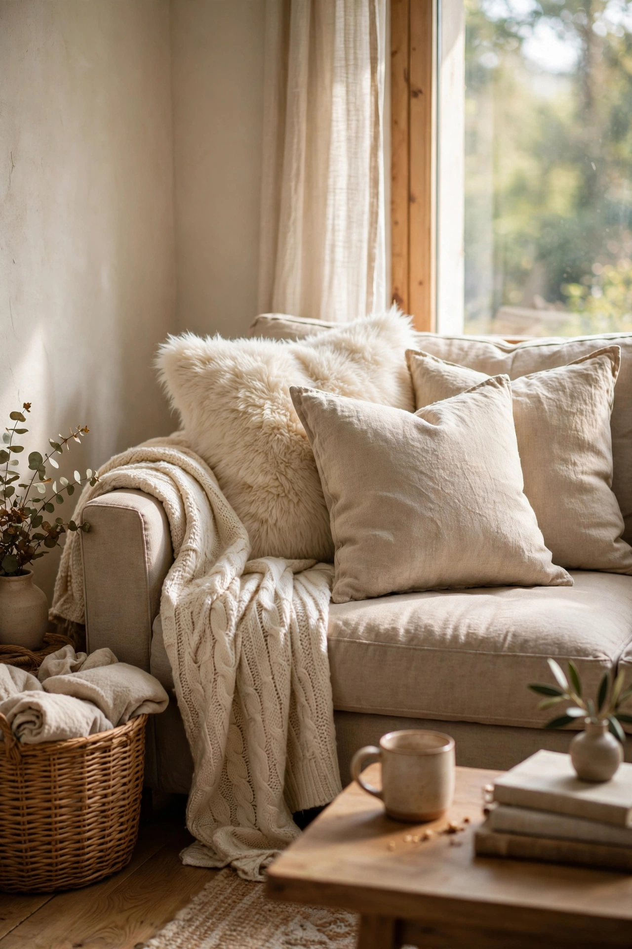 Cream faux fur throw pillows mixed with linen pillows on a neutral sofa
