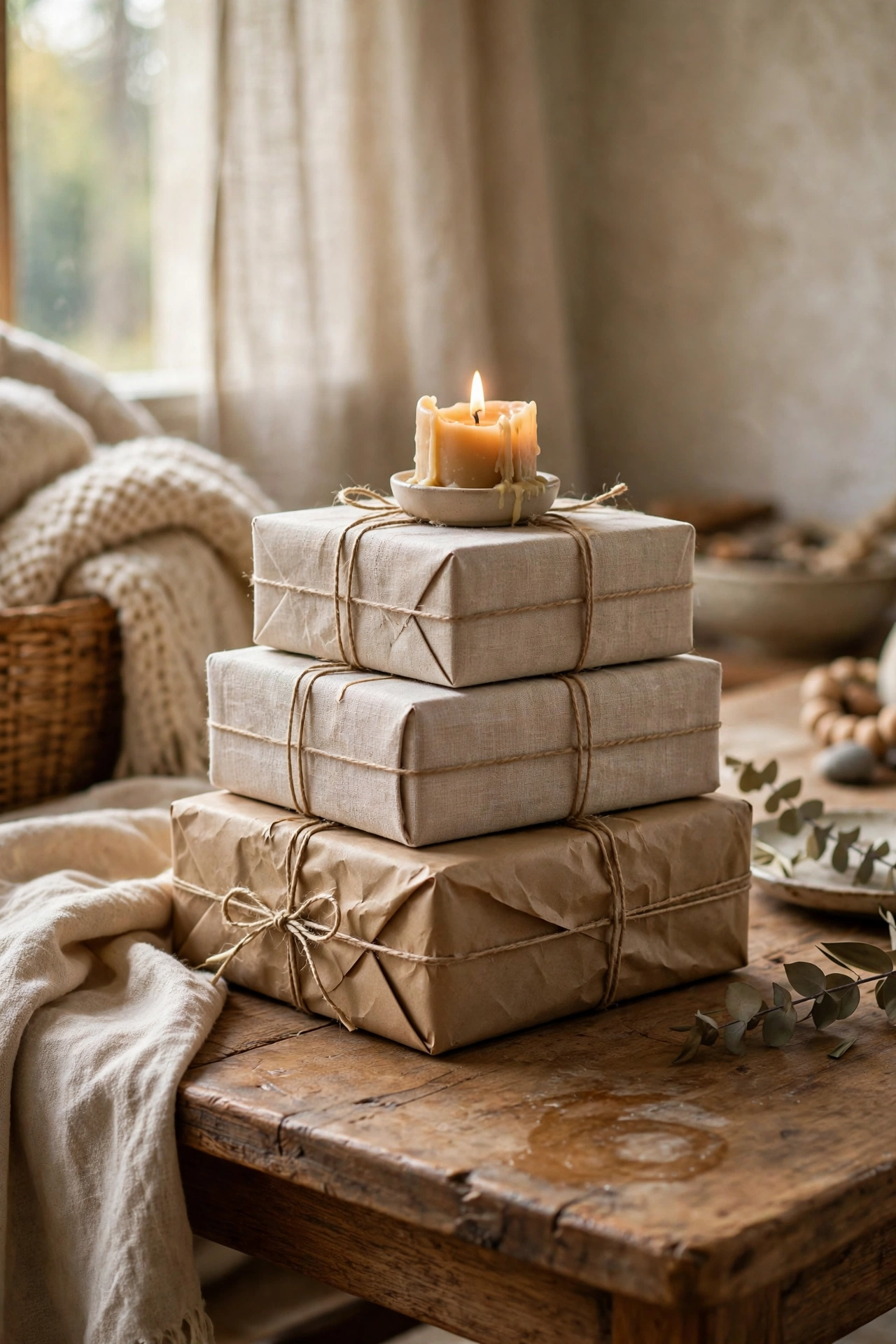 Stack of neutral paper-wrapped boxes styled as decorative books on a coffee table