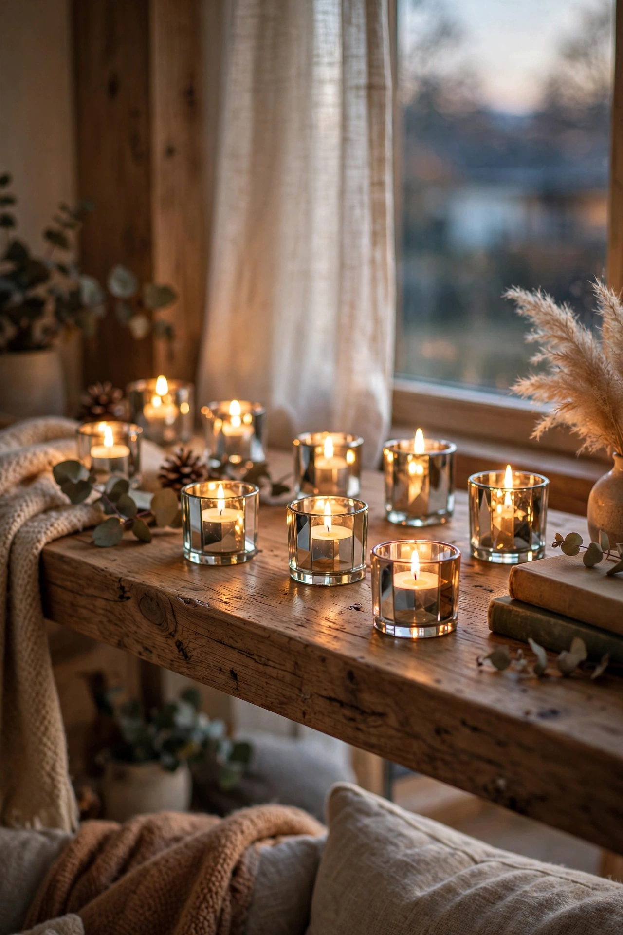 Small mirrored candle holders with tea lights glowing on a living room mantel