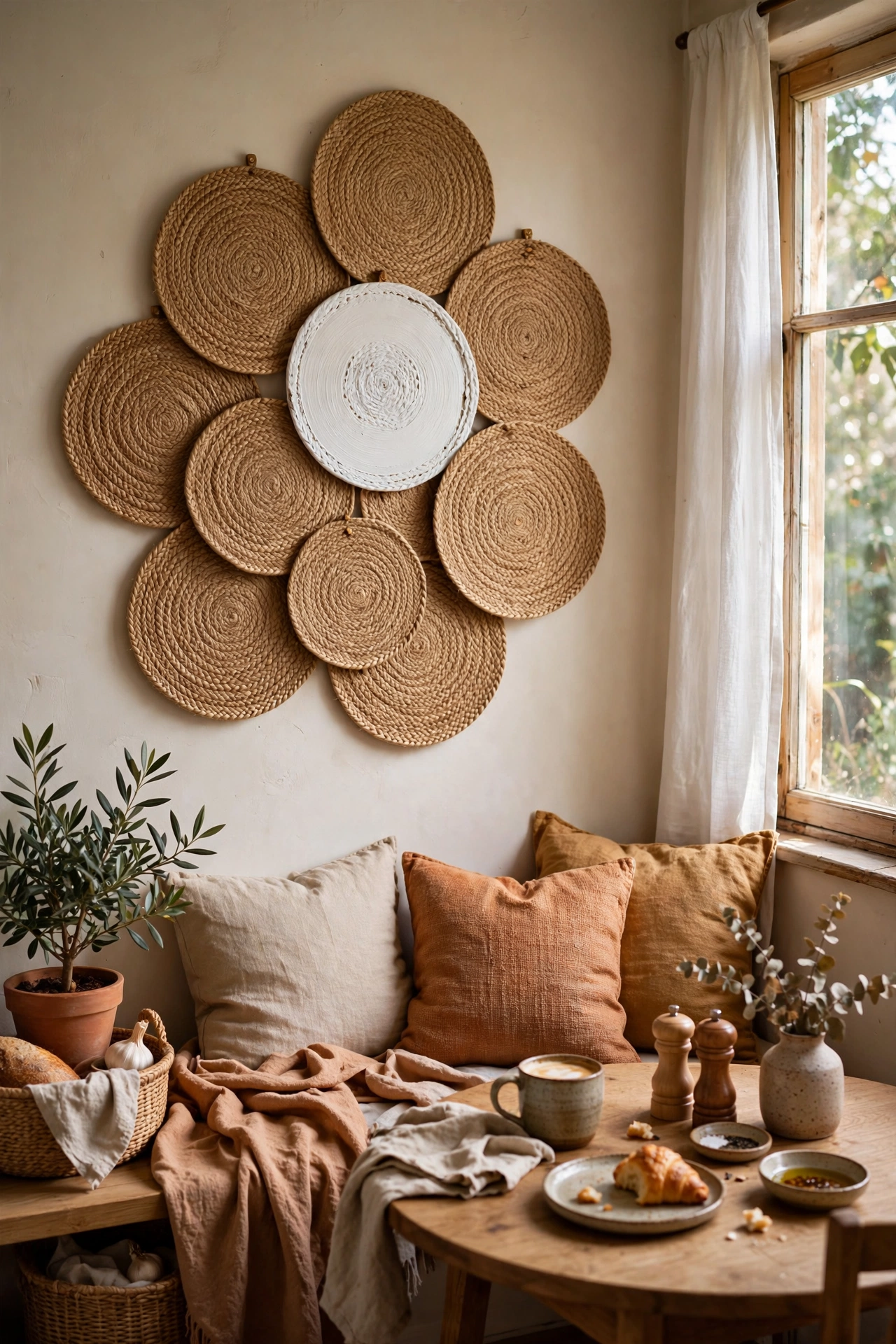 Round woven placemats hung as boho wall art in a tight cluster