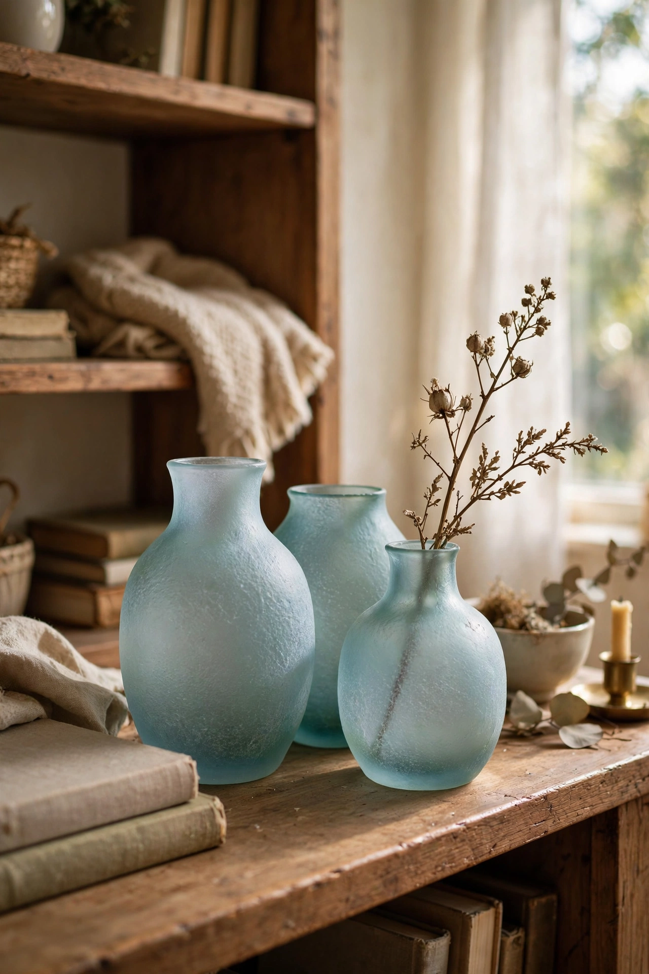 Frosted sea-glass style vases in a group of three on a living room bookshelf