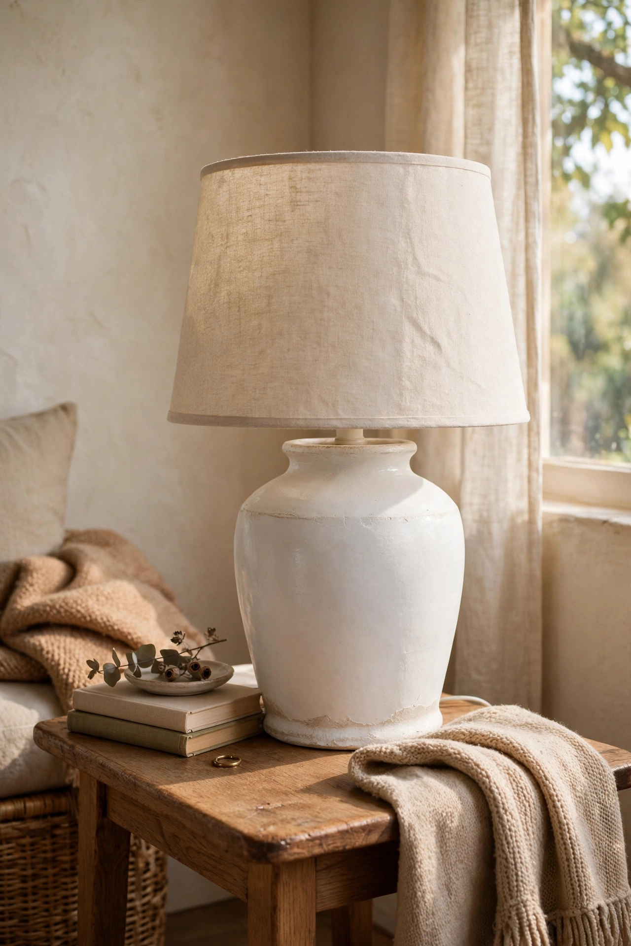 Dated lamp base transformed with white chalk paint on a living room side table