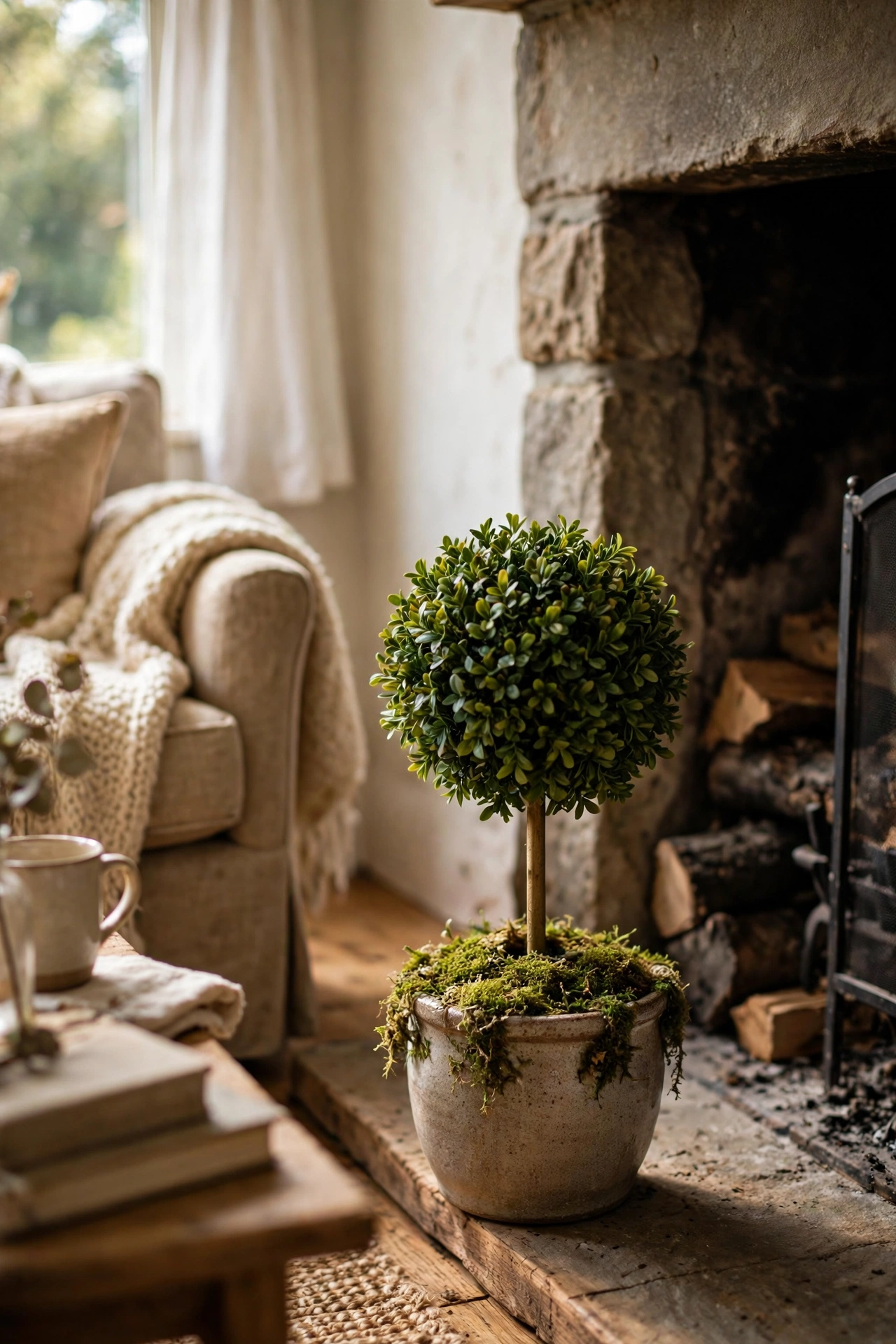 Faux boxwood topiary ball in a ceramic pot beside a living room fireplace