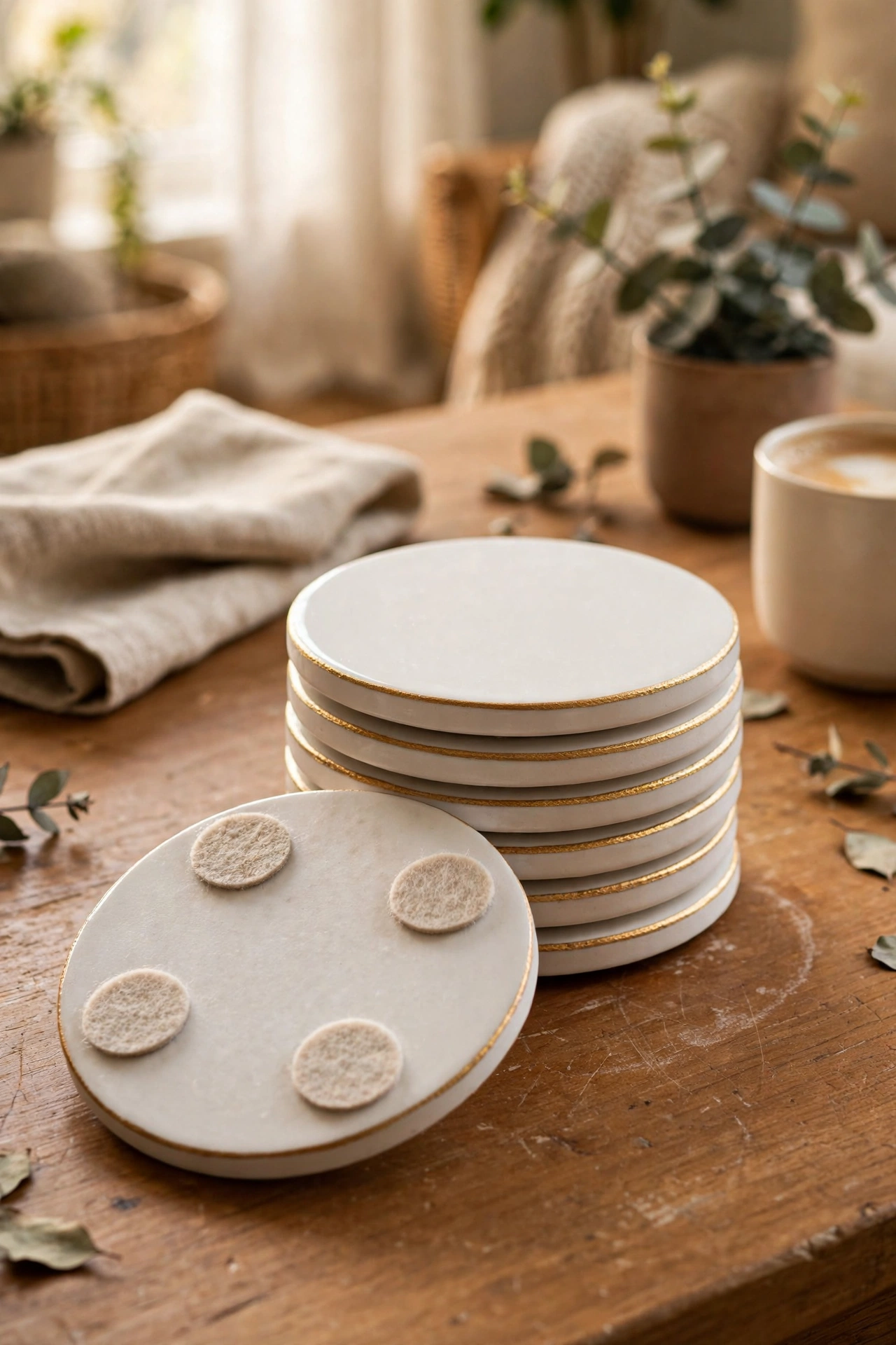White ceramic coasters with hand-drawn gold rims stacked on a coffee table