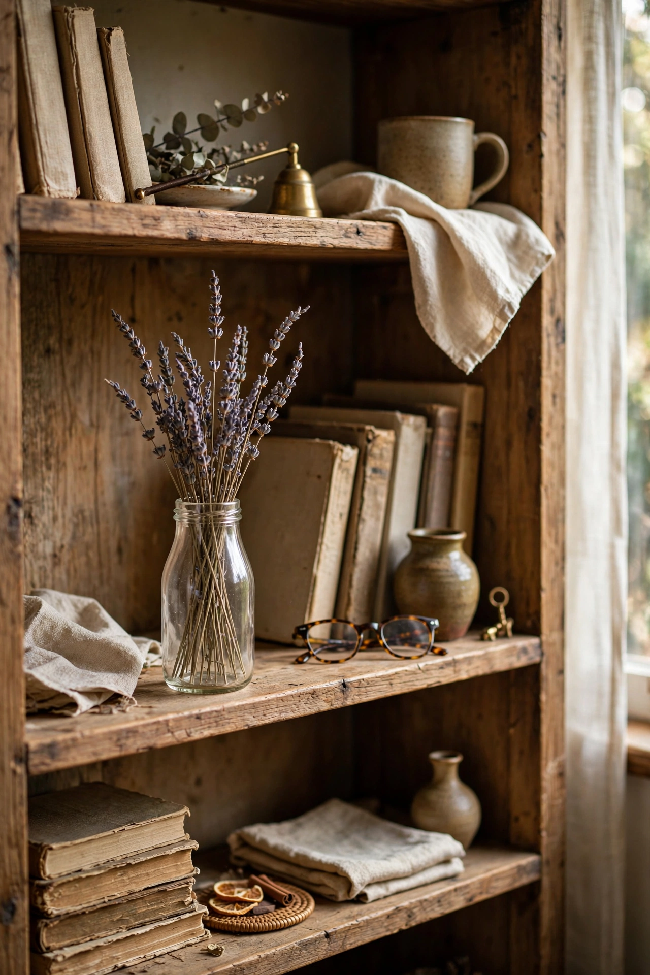 Dried lavender bundle in a small glass milk bottle on a living room bookshelf