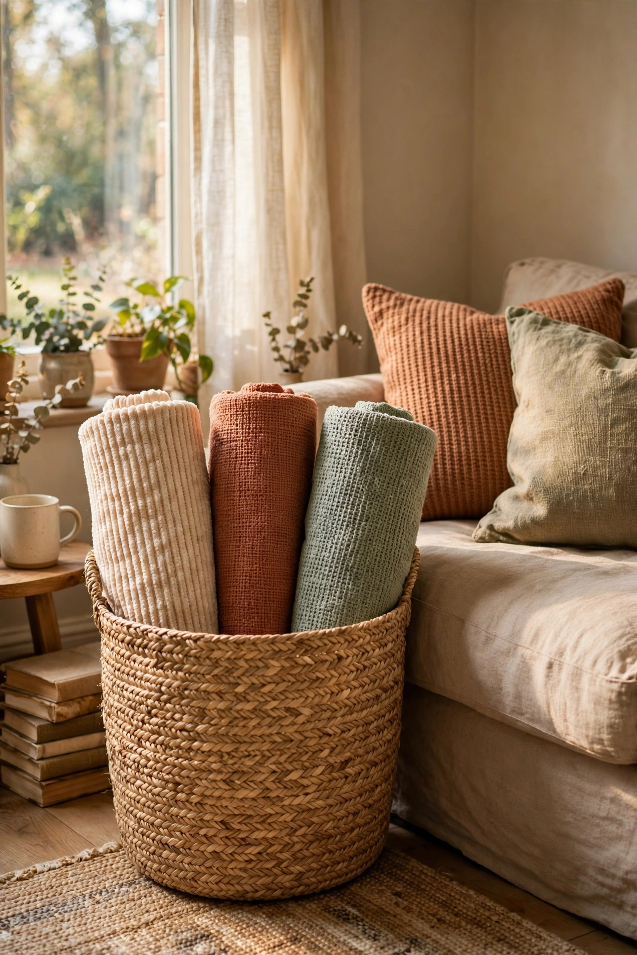 Large woven basket holding rolled throw blankets beside a living room sofa