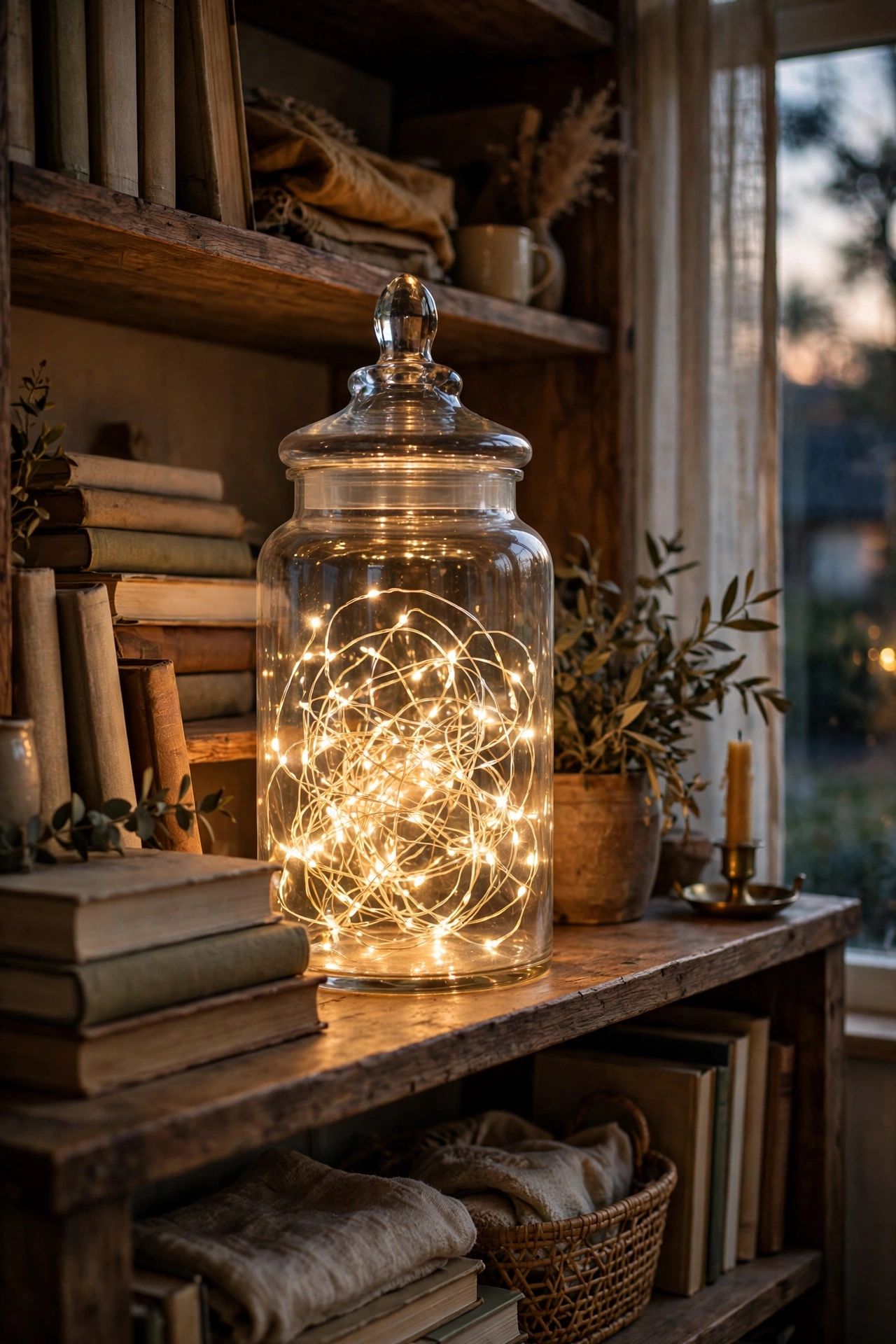 Warm fairy lights glowing inside a glass apothecary jar on a bookshelf