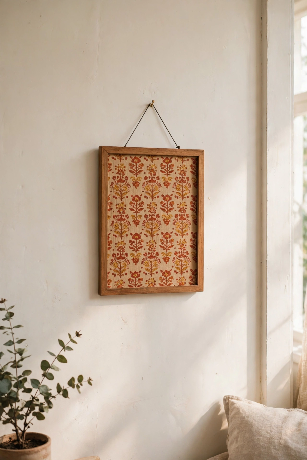 Framed block-print fabric swatch art hanging in a living room
