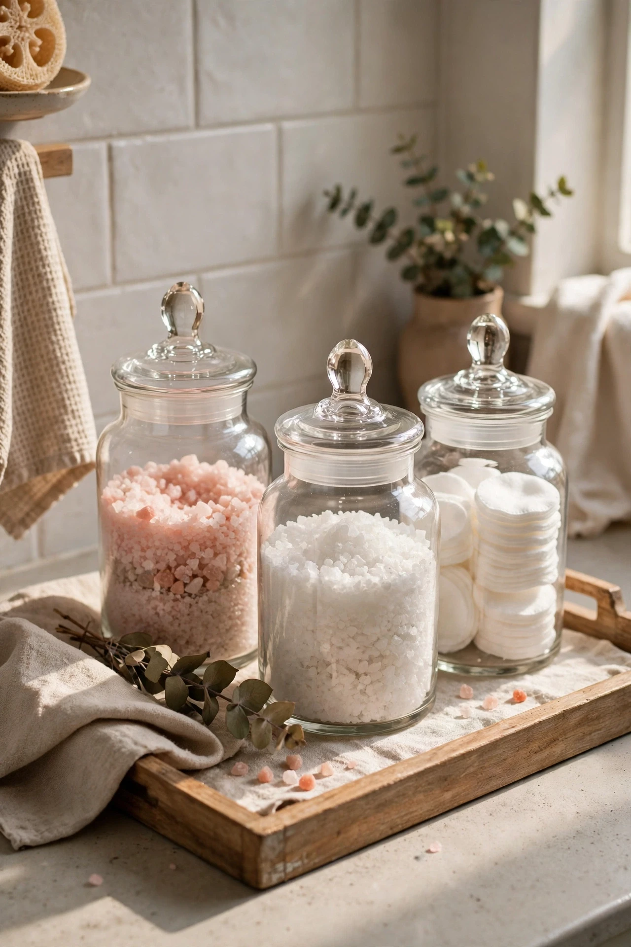 Glass apothecary jars filled with bath salts and cotton pads on a tray