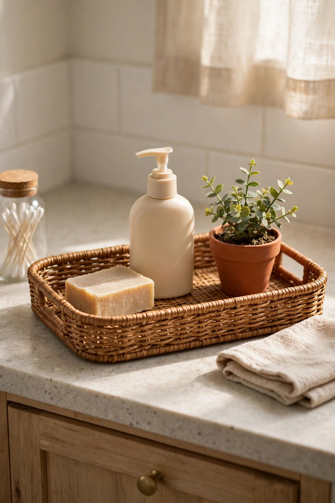 Rattan tray holding soap lotion and a small plant on a bathroom counter