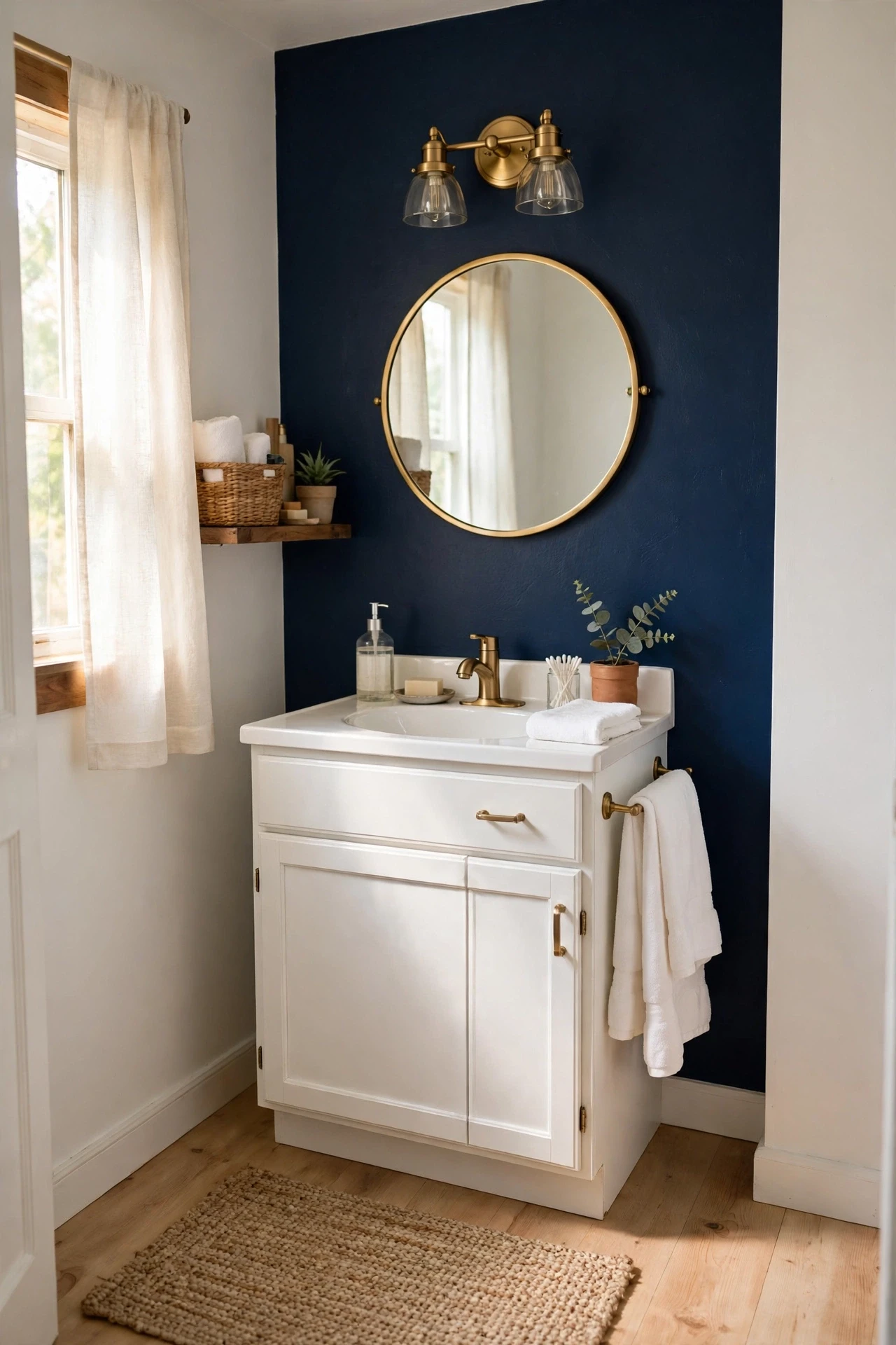 Small bathroom with a deep navy accent wall behind a white vanity and mirror